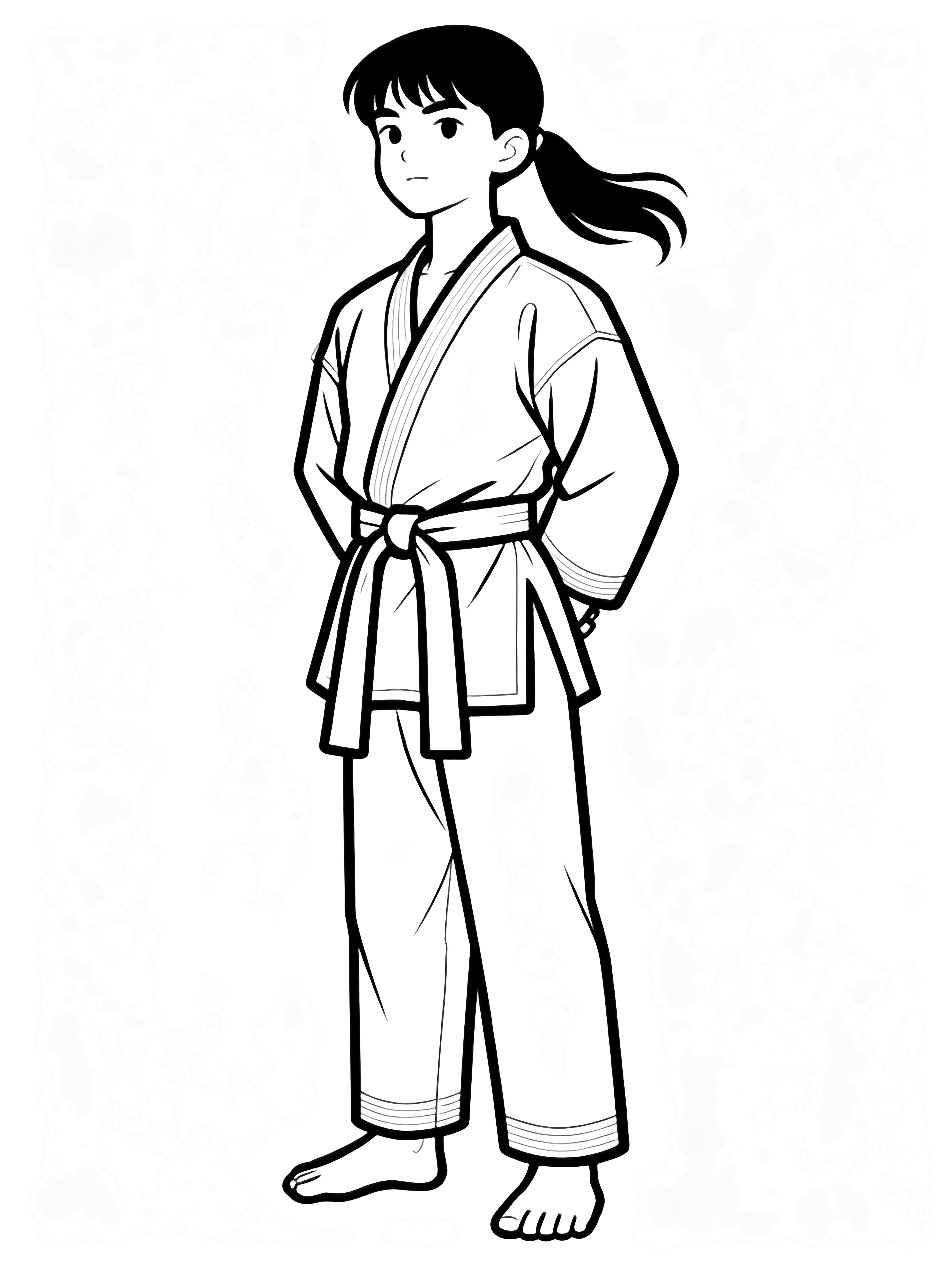 A poised taekwondo master stands at attention, hands behind back, chest forward, ponytail swaying in crisp dobok with square-knotted belt on bare feet. kleurplaat