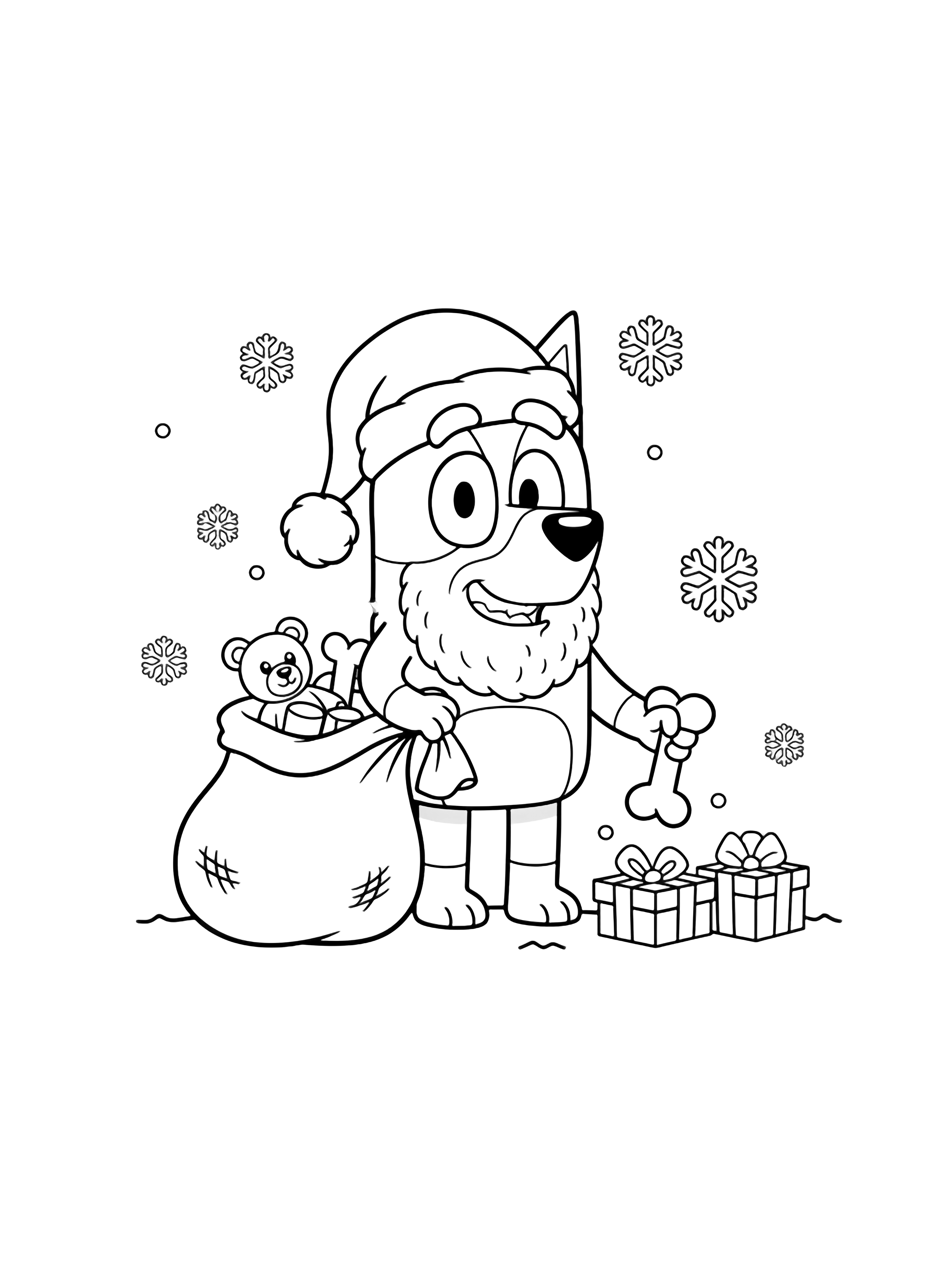 Bandit Heeler in floppy Santa hat and beard smiles, holding open sack spilling teddy, toy bone, wrapped boxes; snowflakes drift above wavy ground. kleurplaat