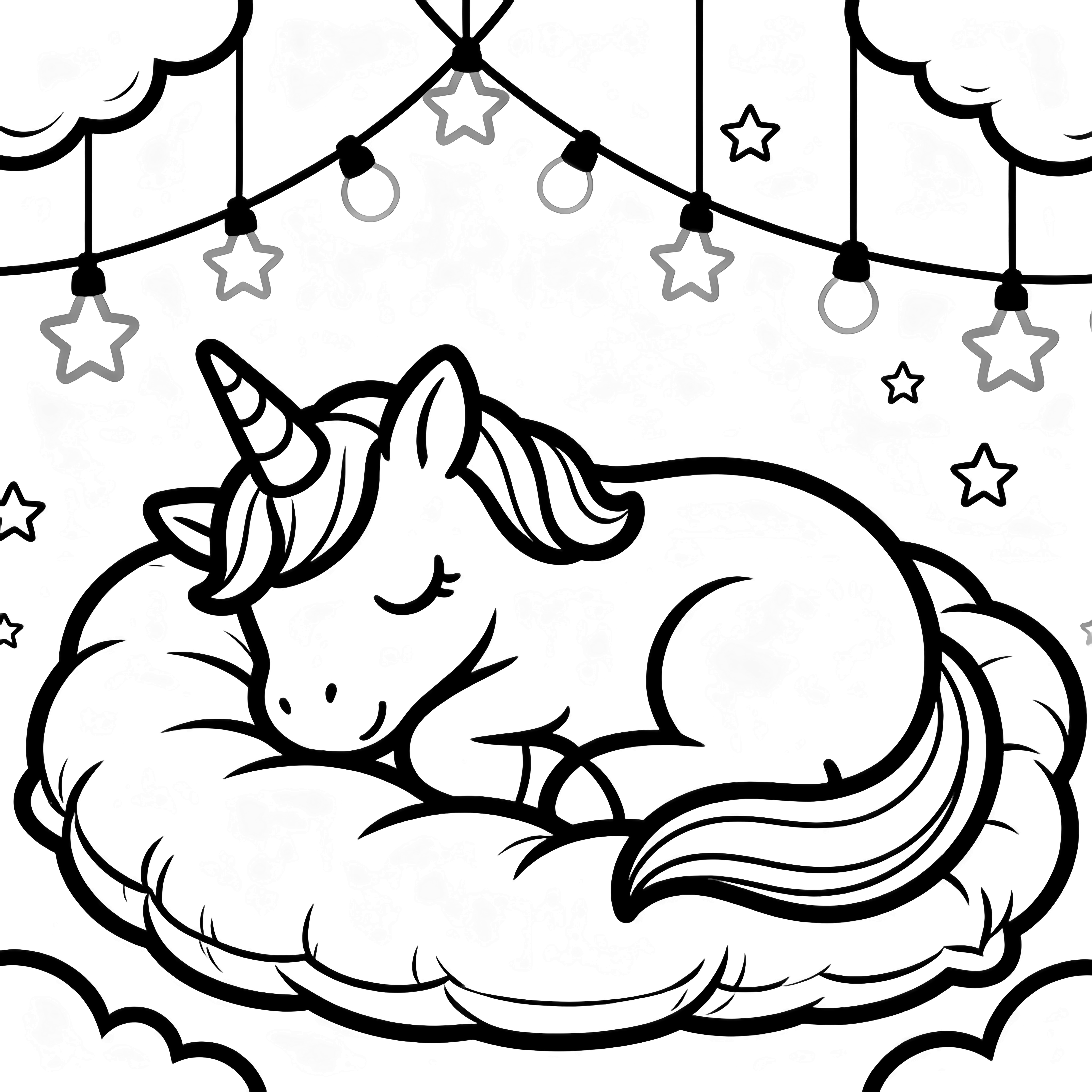A sleeping unicorn smiles on a fluffy pillow under fairy-light strings, framed by stars and little clouds. kleurplaat