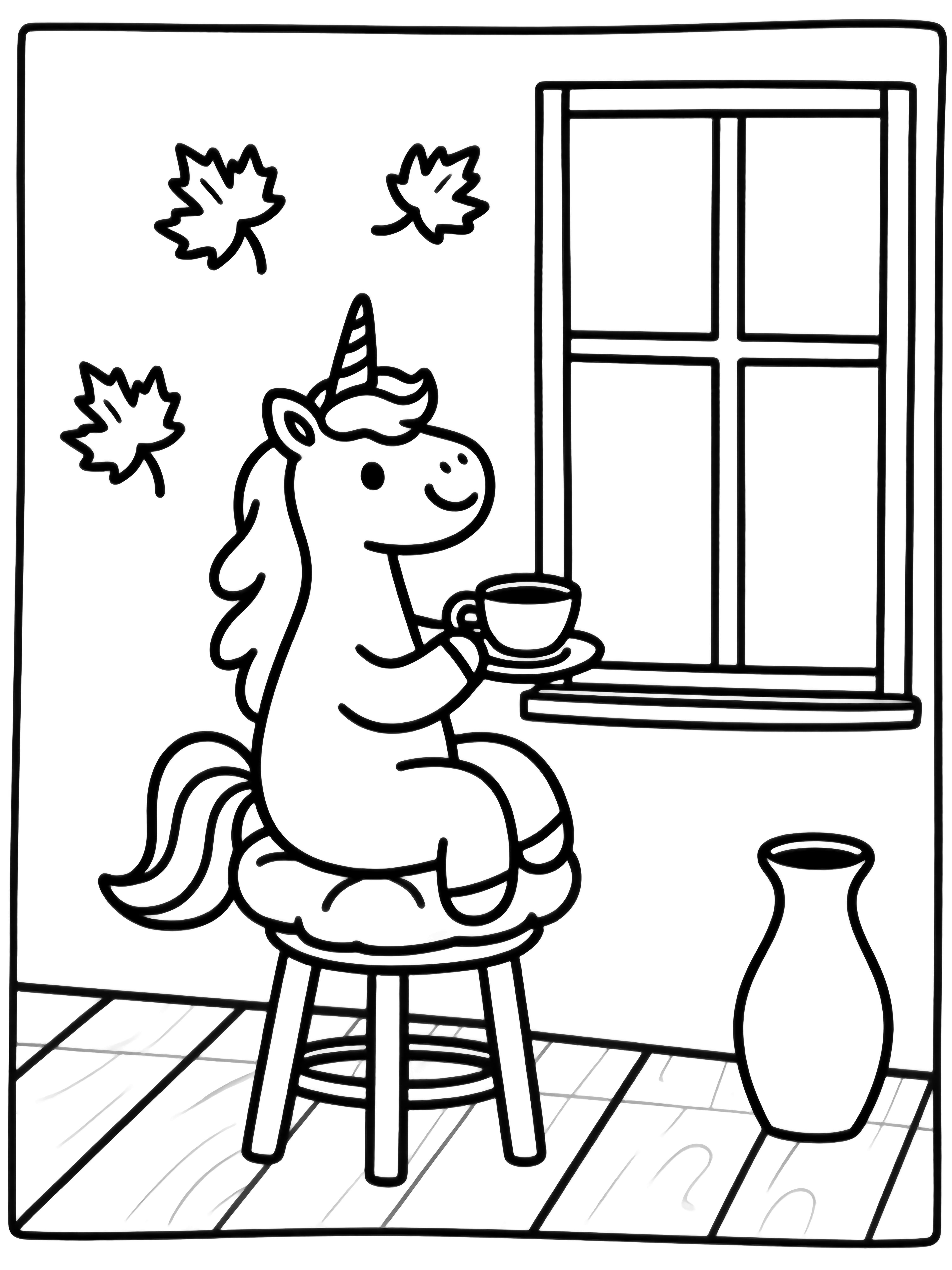 A cheerful unicorn on a cushioned stool raises a teacup; six maple leaves drift past a window beside an empty vase on floorboards. kleurplaat