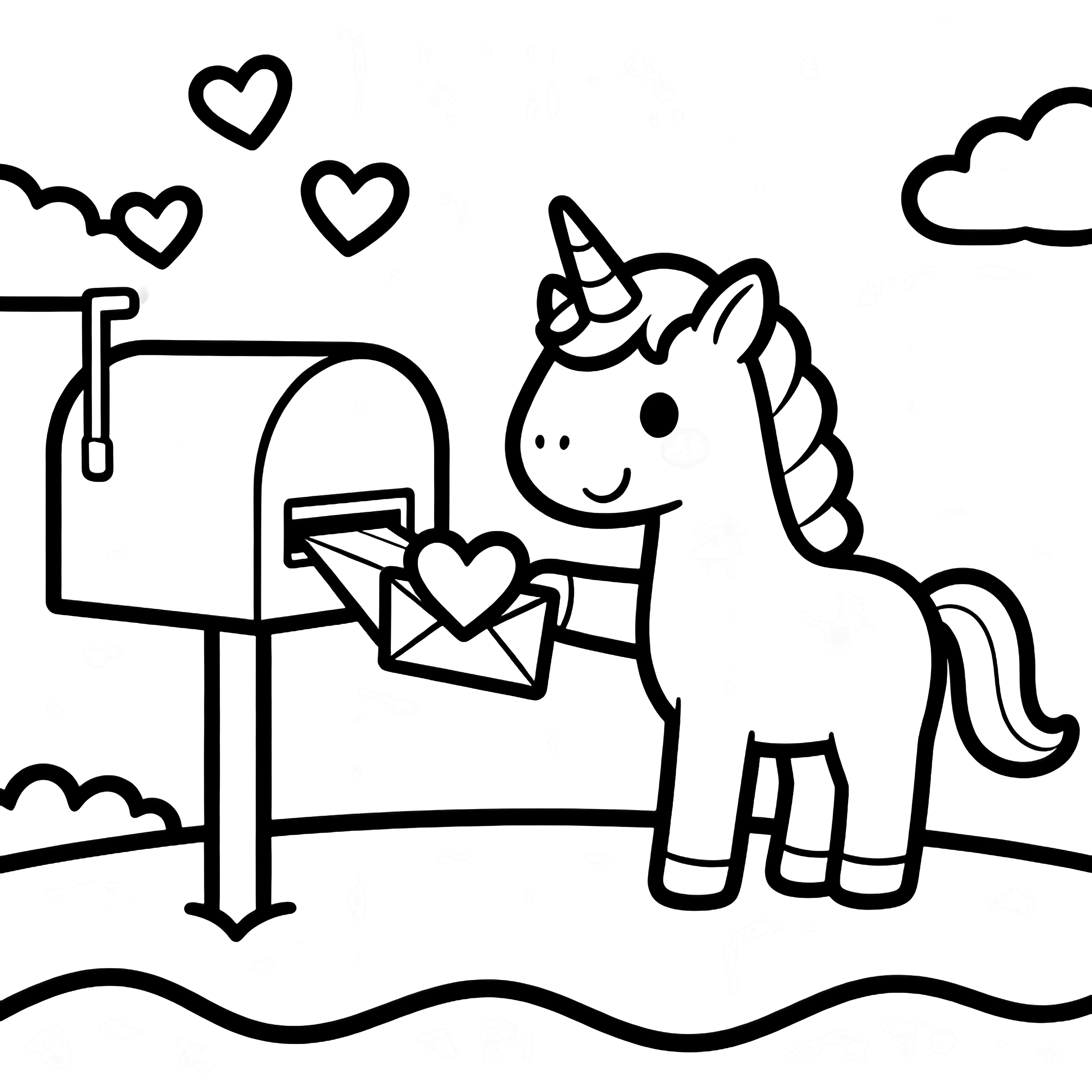A smiling unicorn beside a mailbox drops heart-shaped letters; floating hearts drift above wavy ground and puffy clouds. kleurplaat