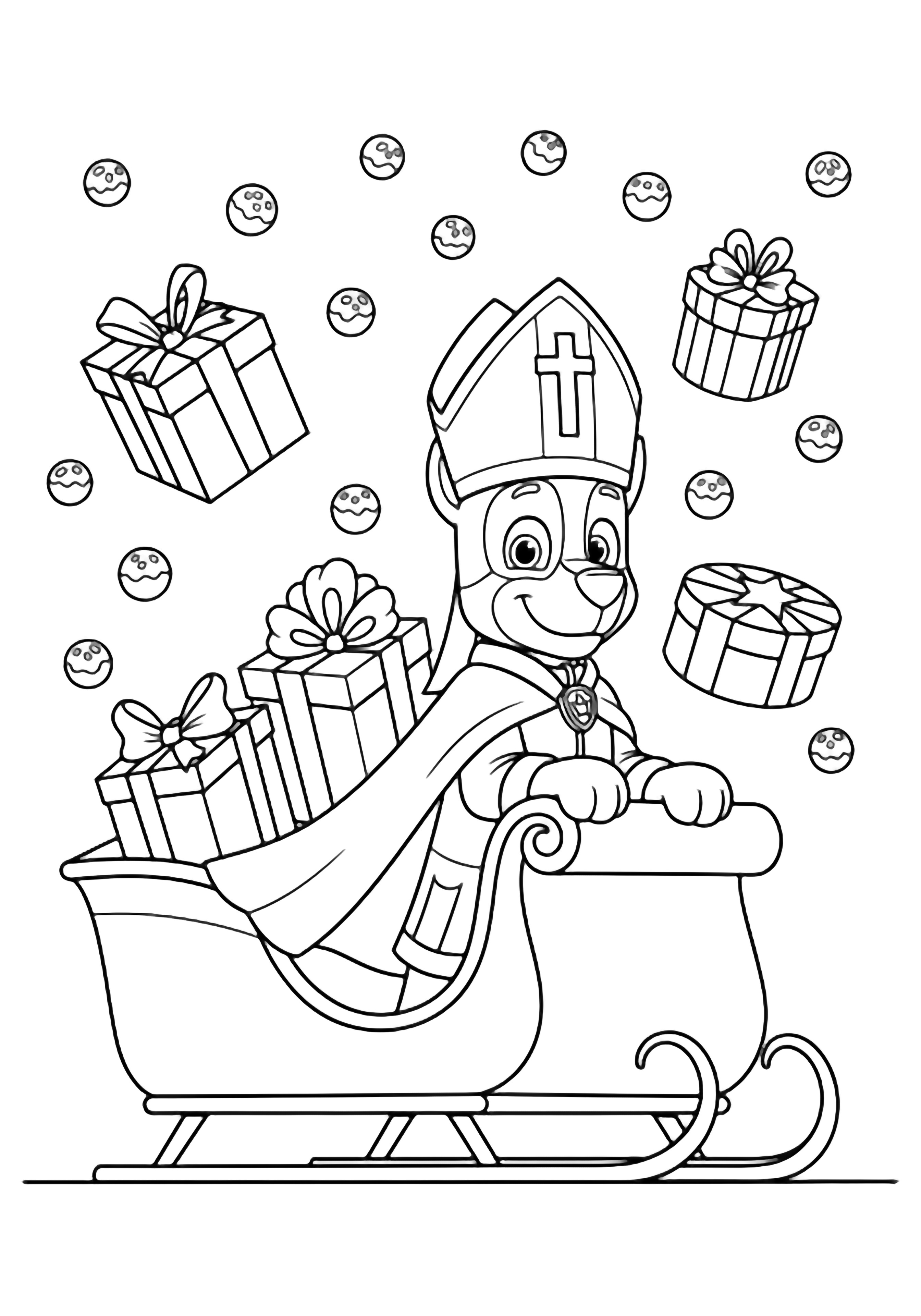 Chase stands in a sleigh wearing bishop's mitre and cape, surrounded by outlined gifts as simple pepernoten rain down. kleurplaat