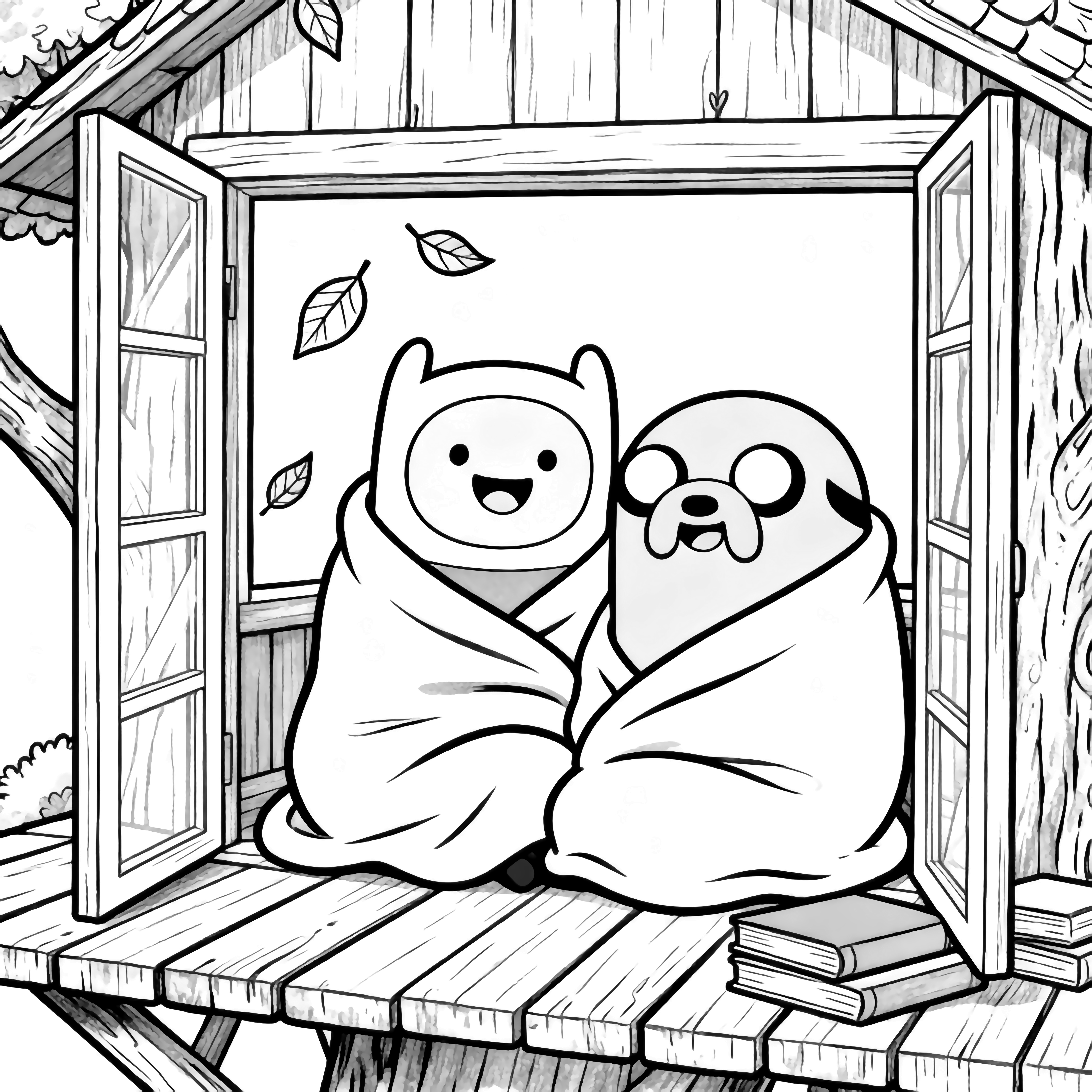 Finn and Jake smile under a blanket in their treehouse; leaves drift through the window, floorboards and books nearby. kleurplaat