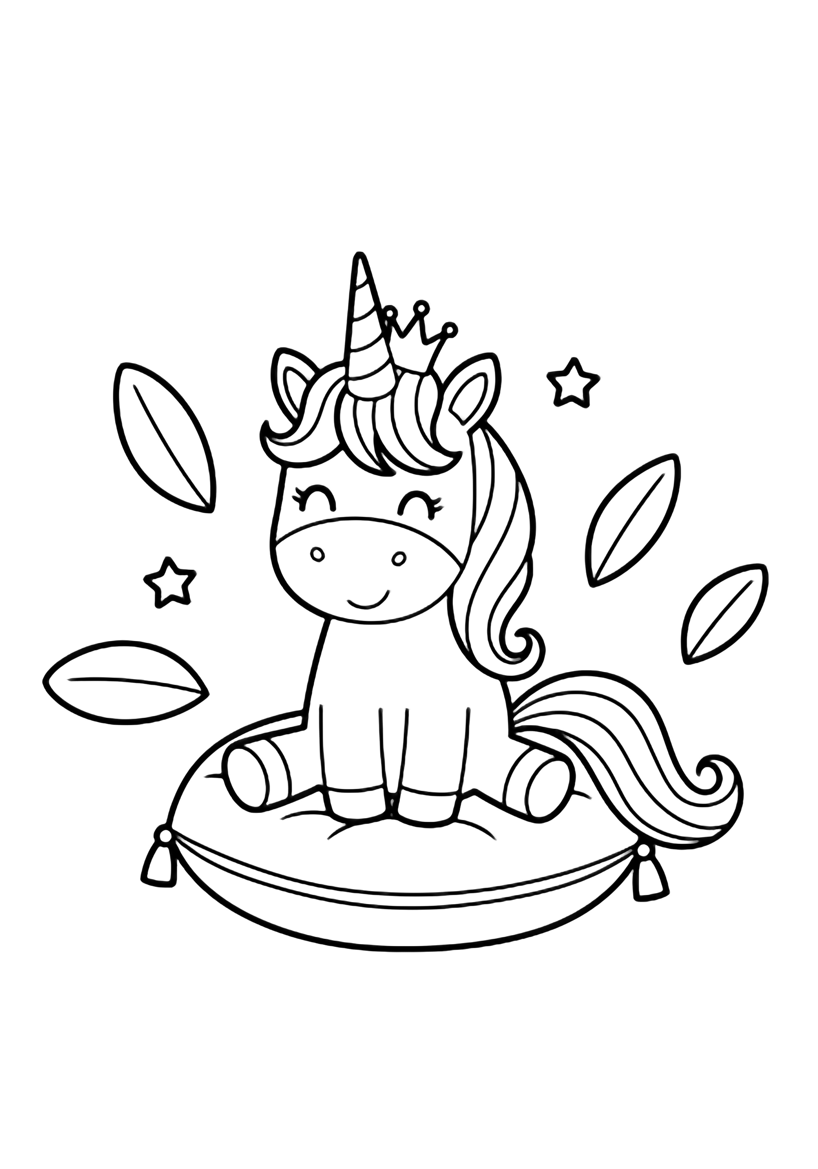A smiling unicorn with a tiny crown sits on a round cushion, encircled by simple oval leaves and two small stars. kleurplaat