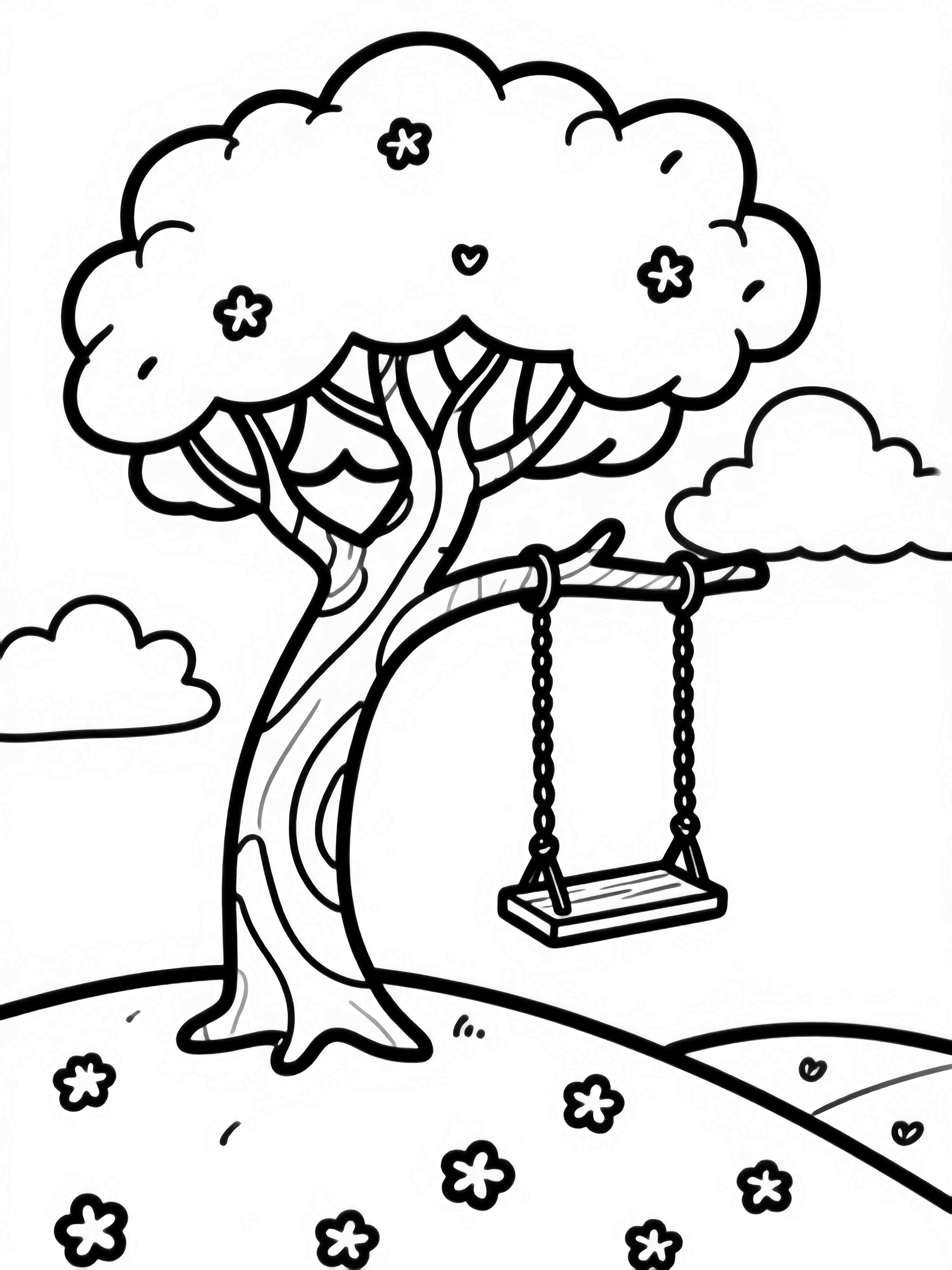 A tall twisty tree on a hill with a plank swing, clouds above and tiny flowers scattered around. kleurplaat