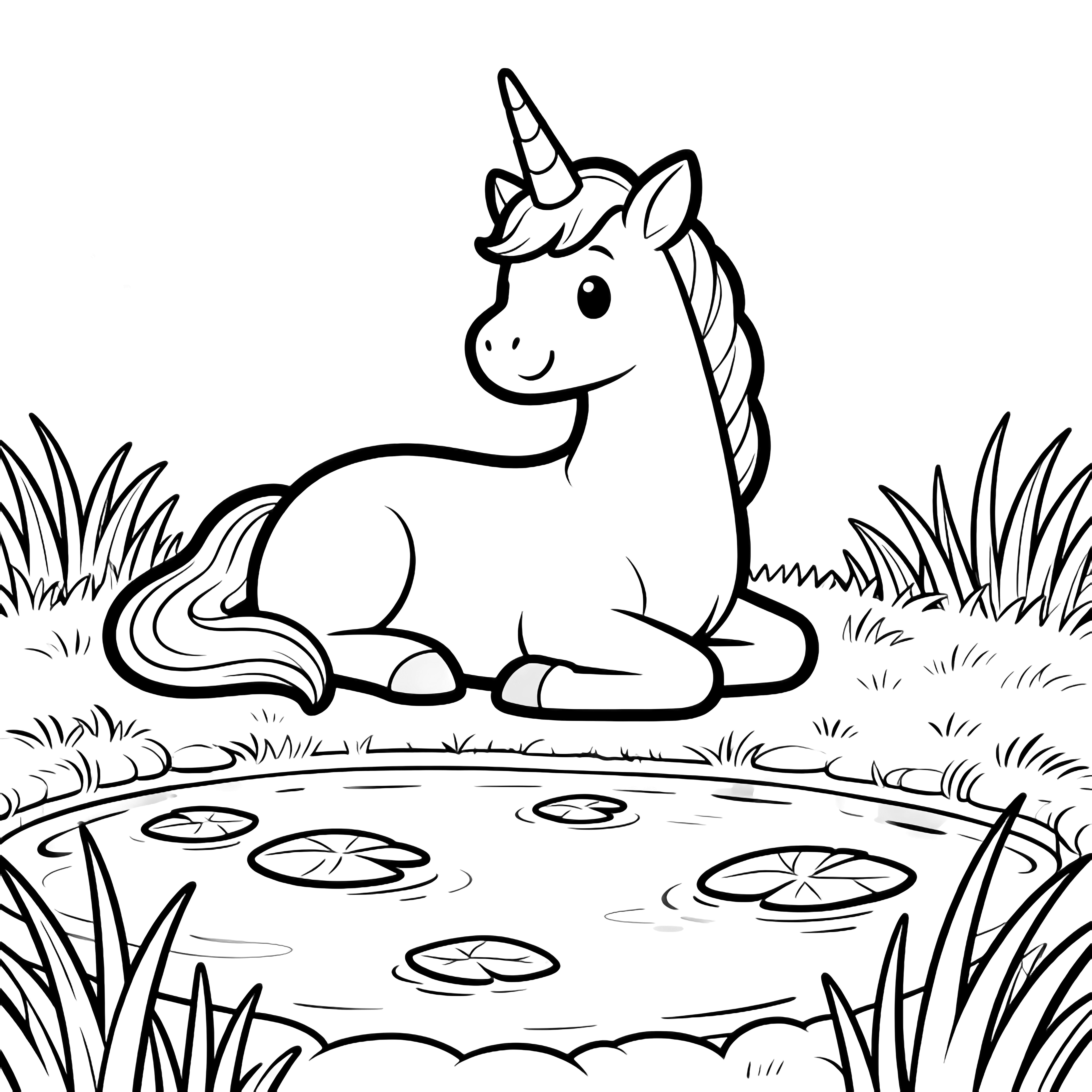 A smiling unicorn relaxes beside a pond; drifting leaves dot the water while soft grass tufts border the scene. kleurplaat