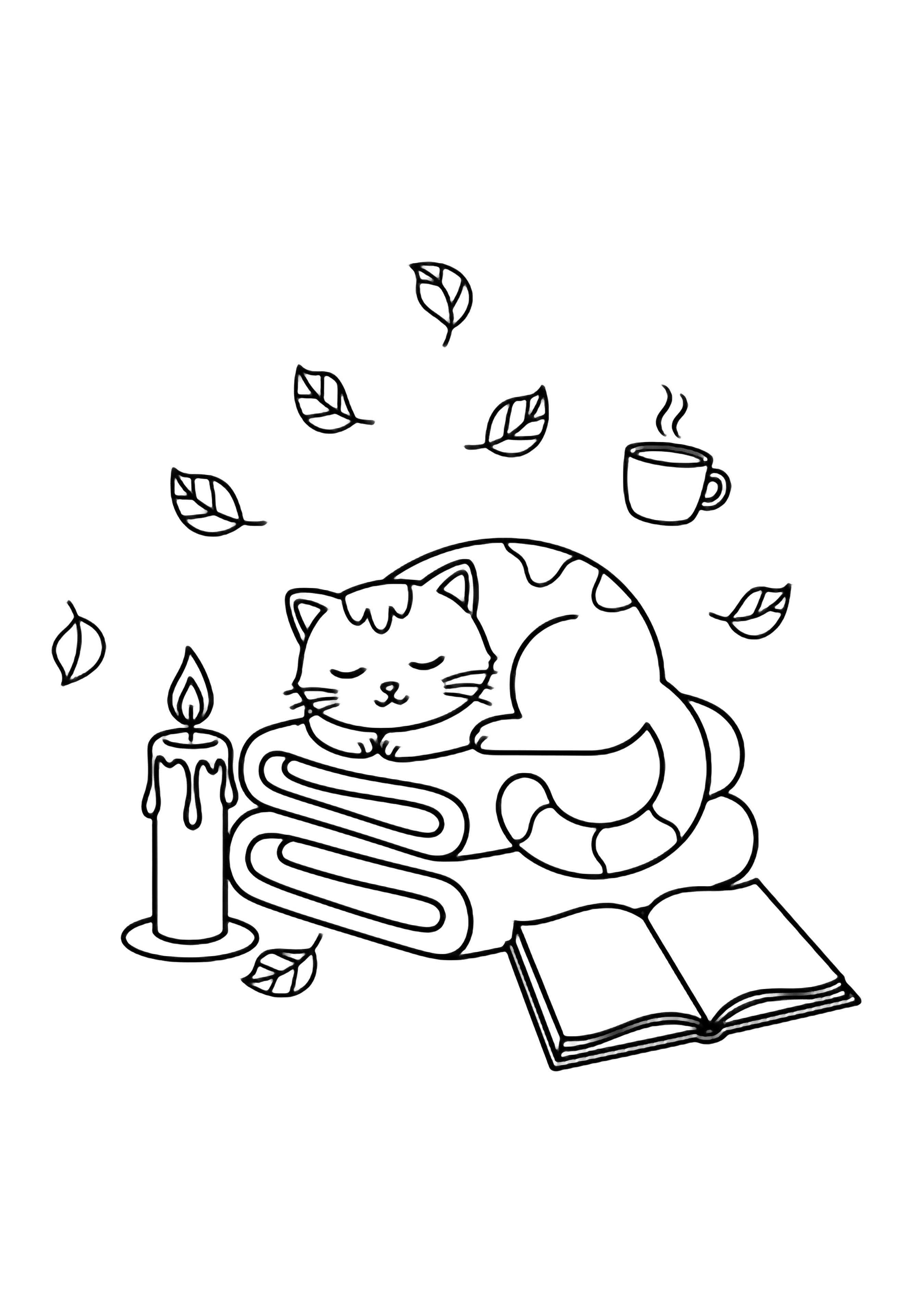 Chubby kawaii cat curled asleep on stacked blankets, tail looped beside tall candle and open book; falling leaves and tiny mug drift around. kleurplaat