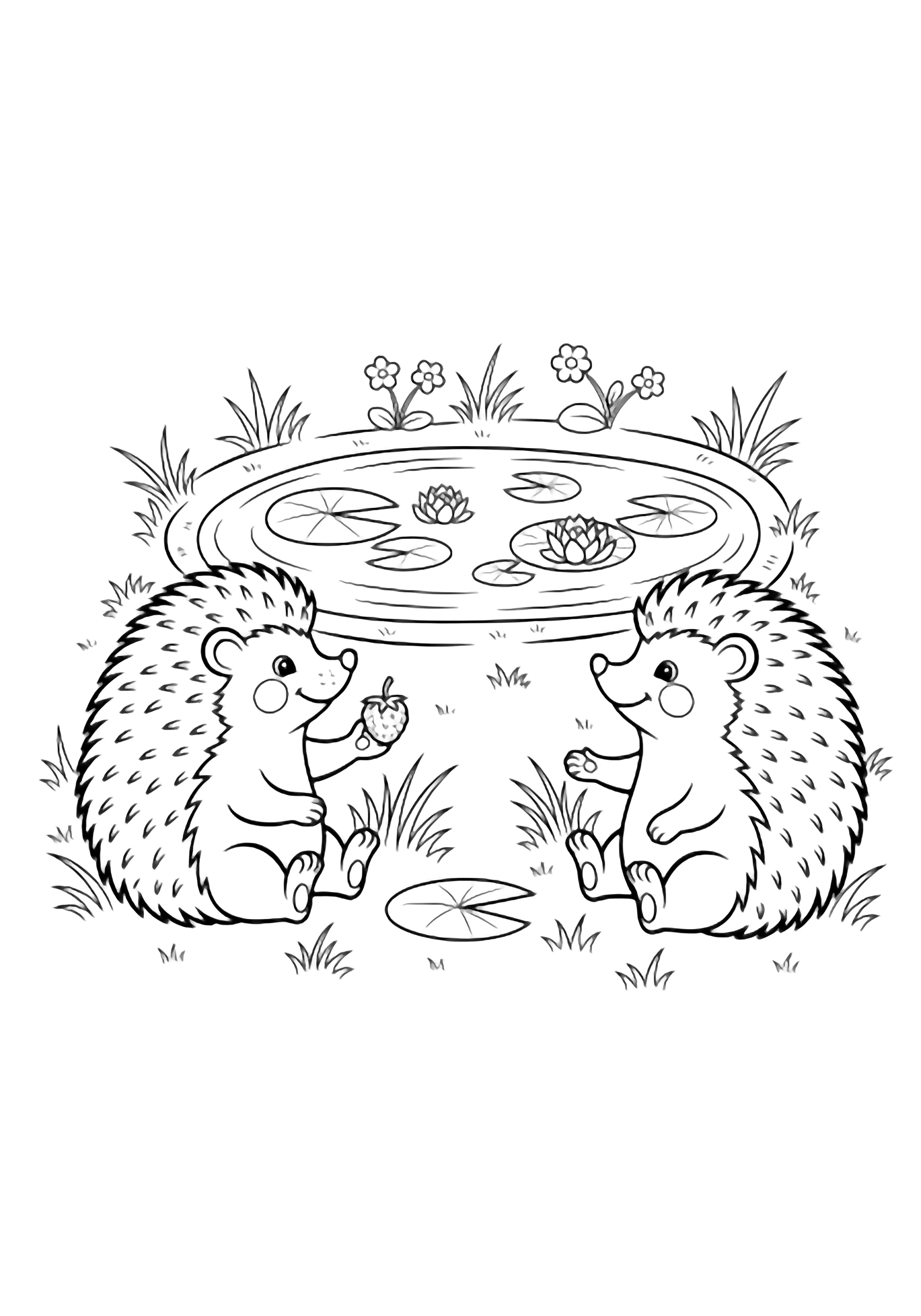 Two smiling hedgehogs sit facing each other beside a pond; one offers a berry, the other reaches out, surrounded by lily pads, tiny flowers, and gentle grass tufts. kleurplaat