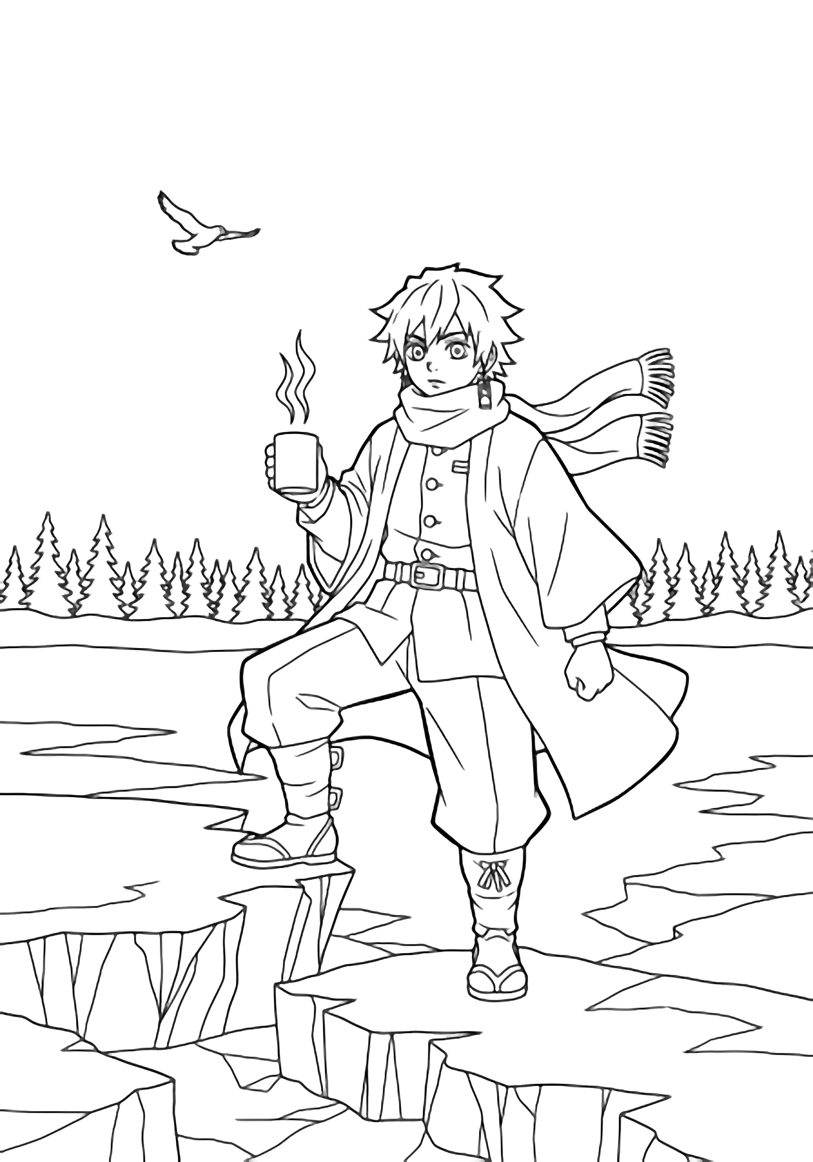 Giyu balances on cracked ice, coat and scarf billowing; steaming mug nearby, snowy trees and a lone bird in the distance. kleurplaat
