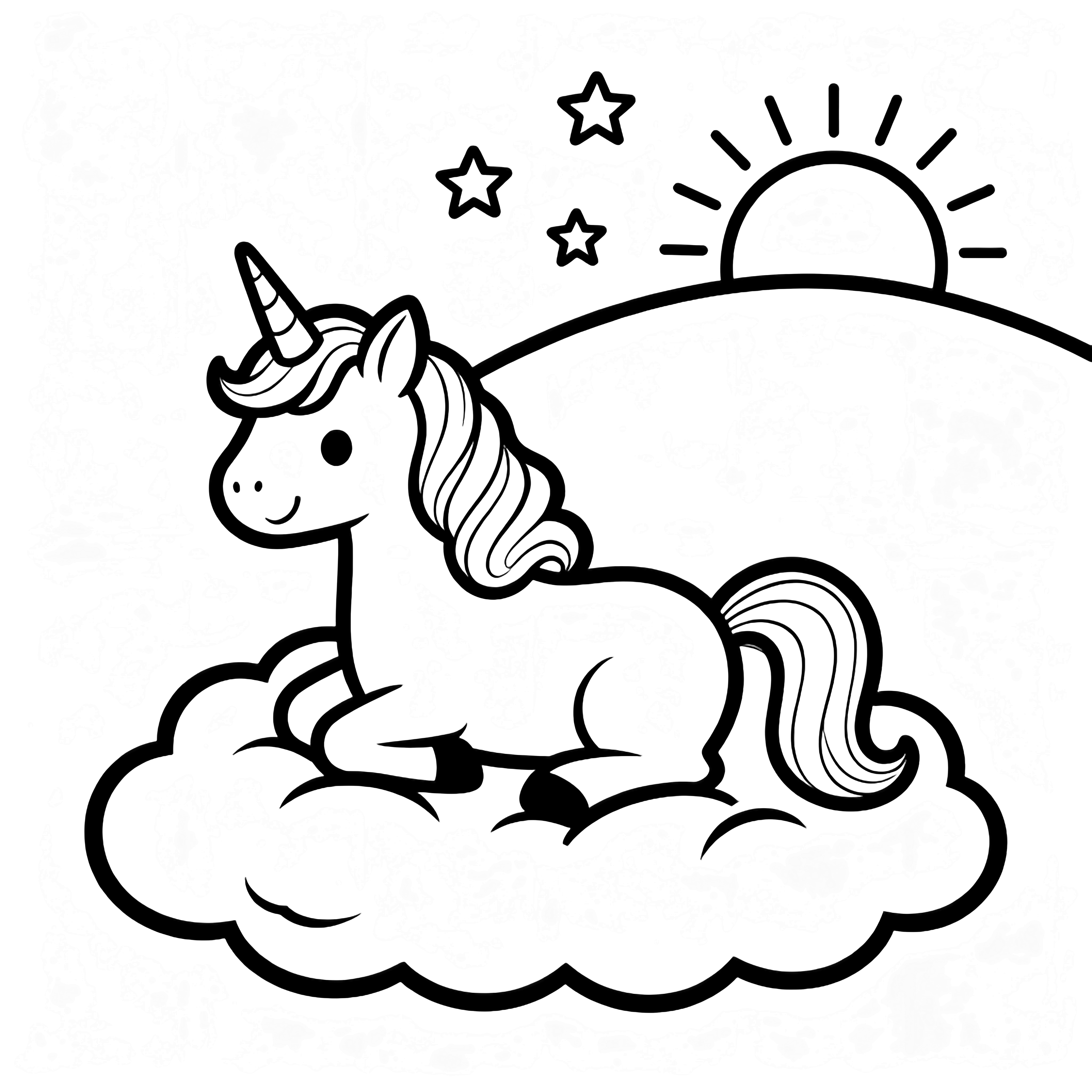A smiling unicorn with flowing mane and tail rests on a puffy cloud; half-sun on the horizon, three small stars above. kleurplaat