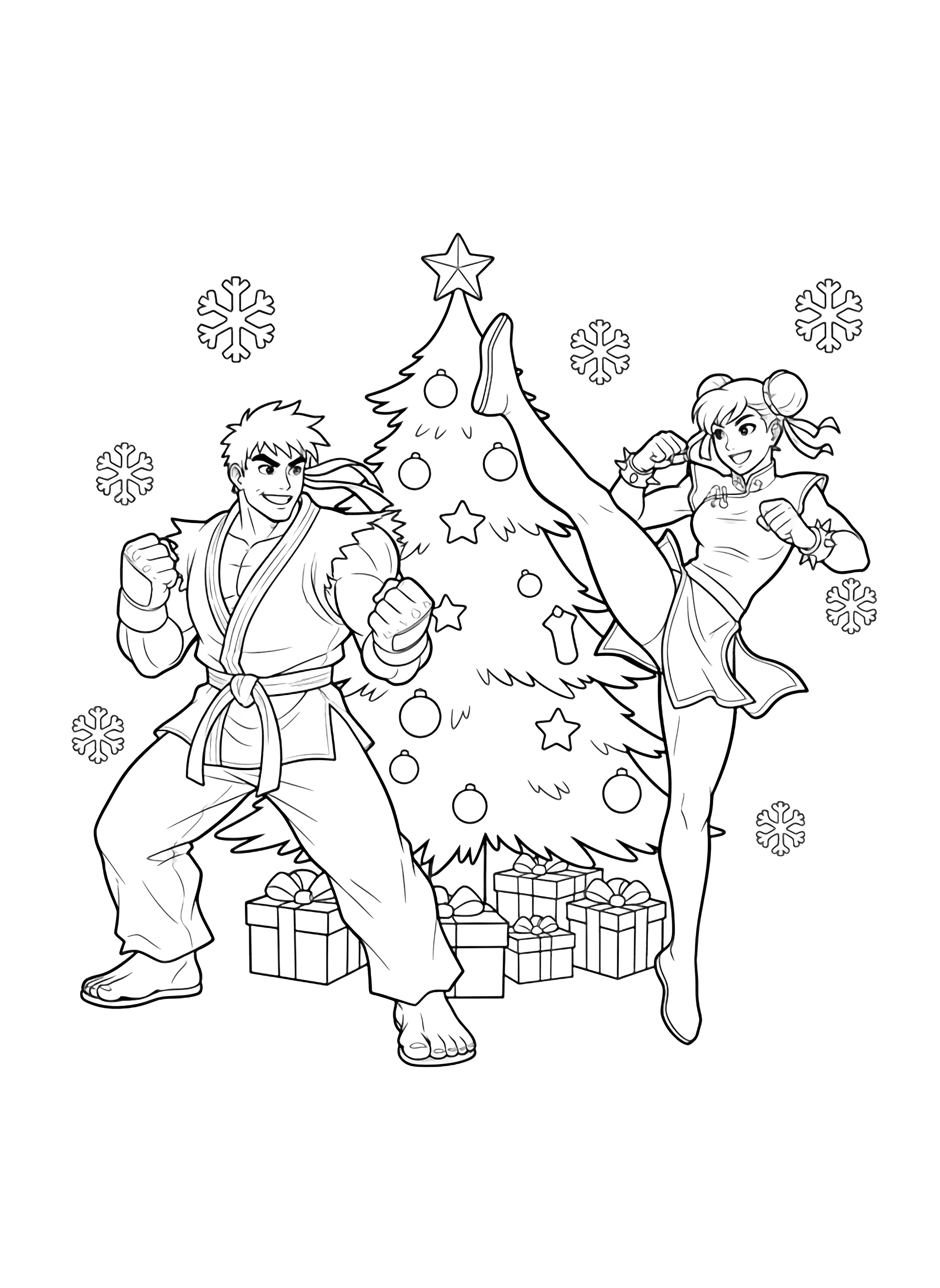 Ryu and Chun-Li, both smiling, strike fighting poses beside a Christmas tree with ornaments, star, and presents while light snowflakes drift around them. kleurplaat