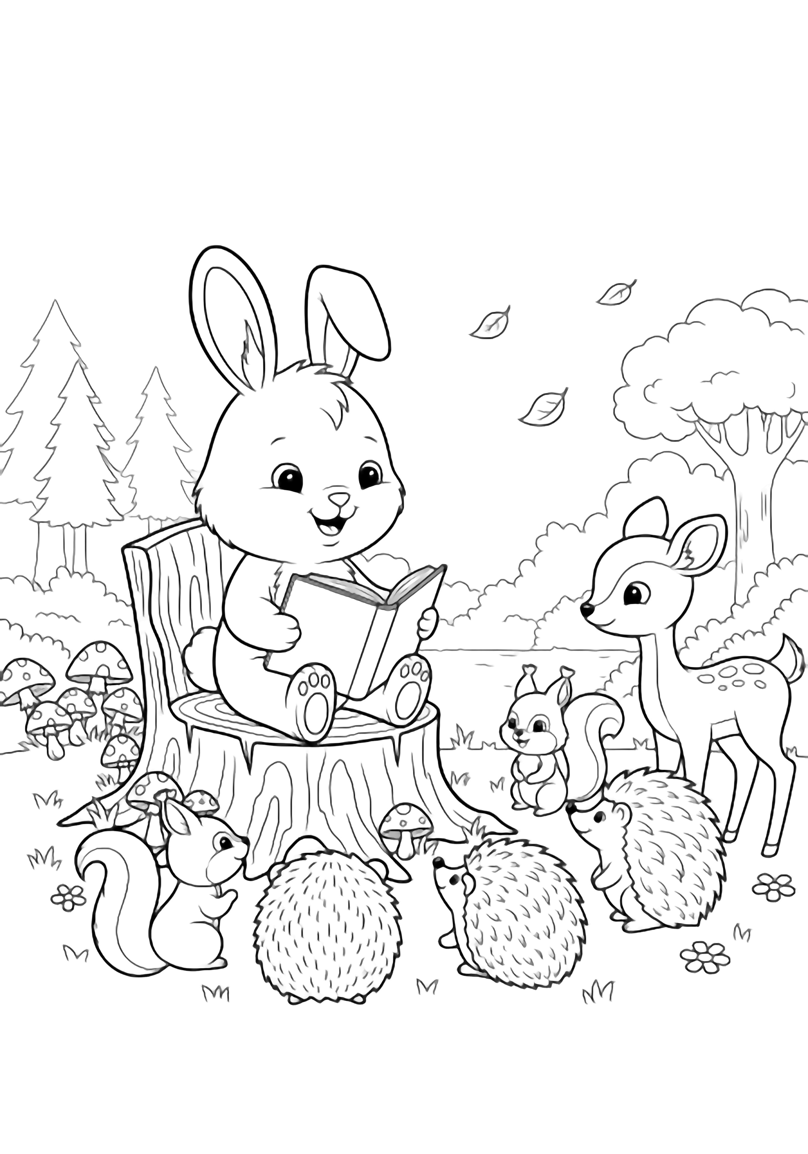 A smiling bunny on a tree-stump chair reads an open storybook to attentive squirrels, hedgehogs and a fawn in a forest clearing dotted with mushrooms, flowers and drifting leaves. kleurplaat