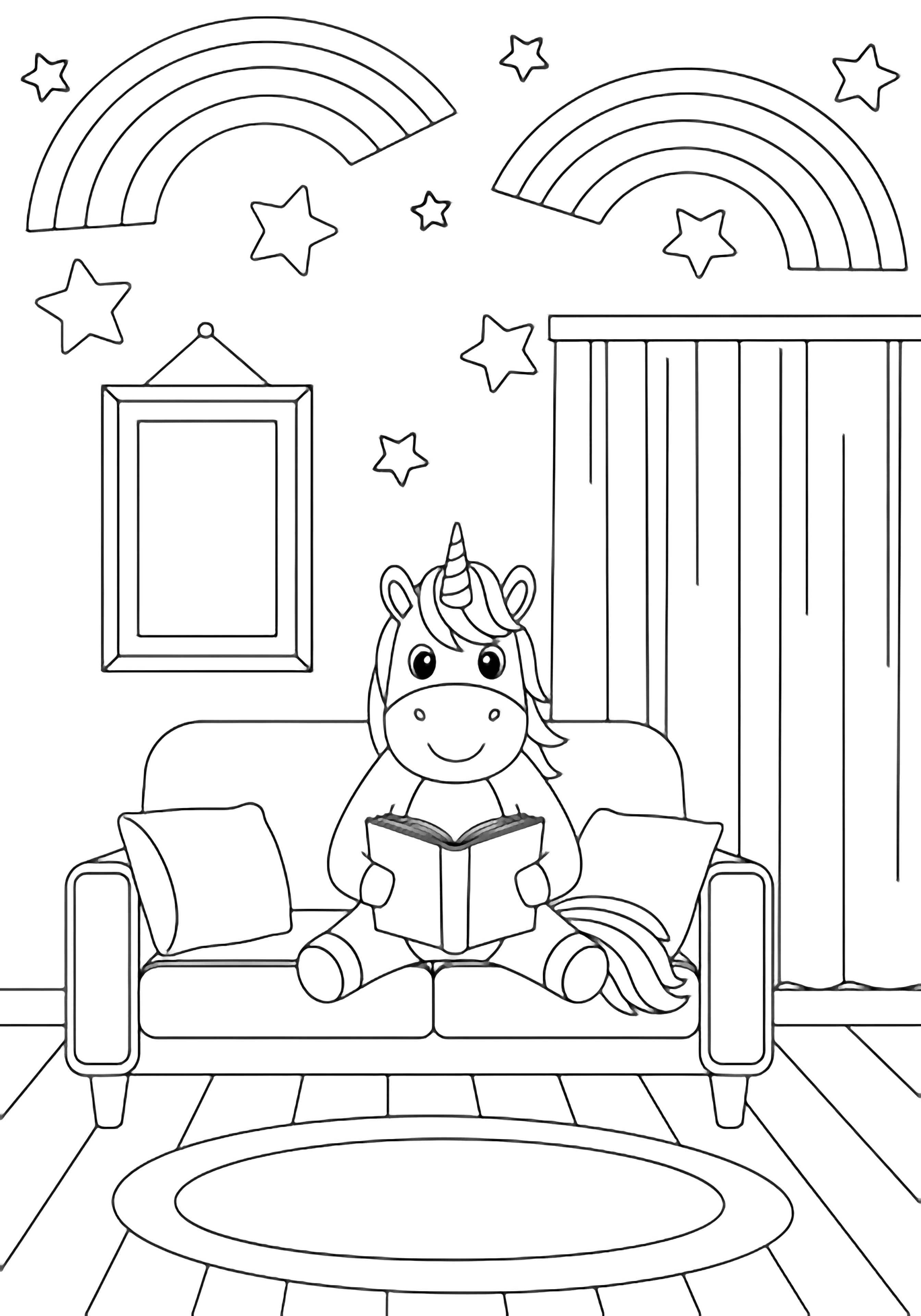 A smiling unicorn sits on a sofa reading a book, with rainbows, stars, a rug, curtains, and an empty picture frame in a cozy room. kleurplaat