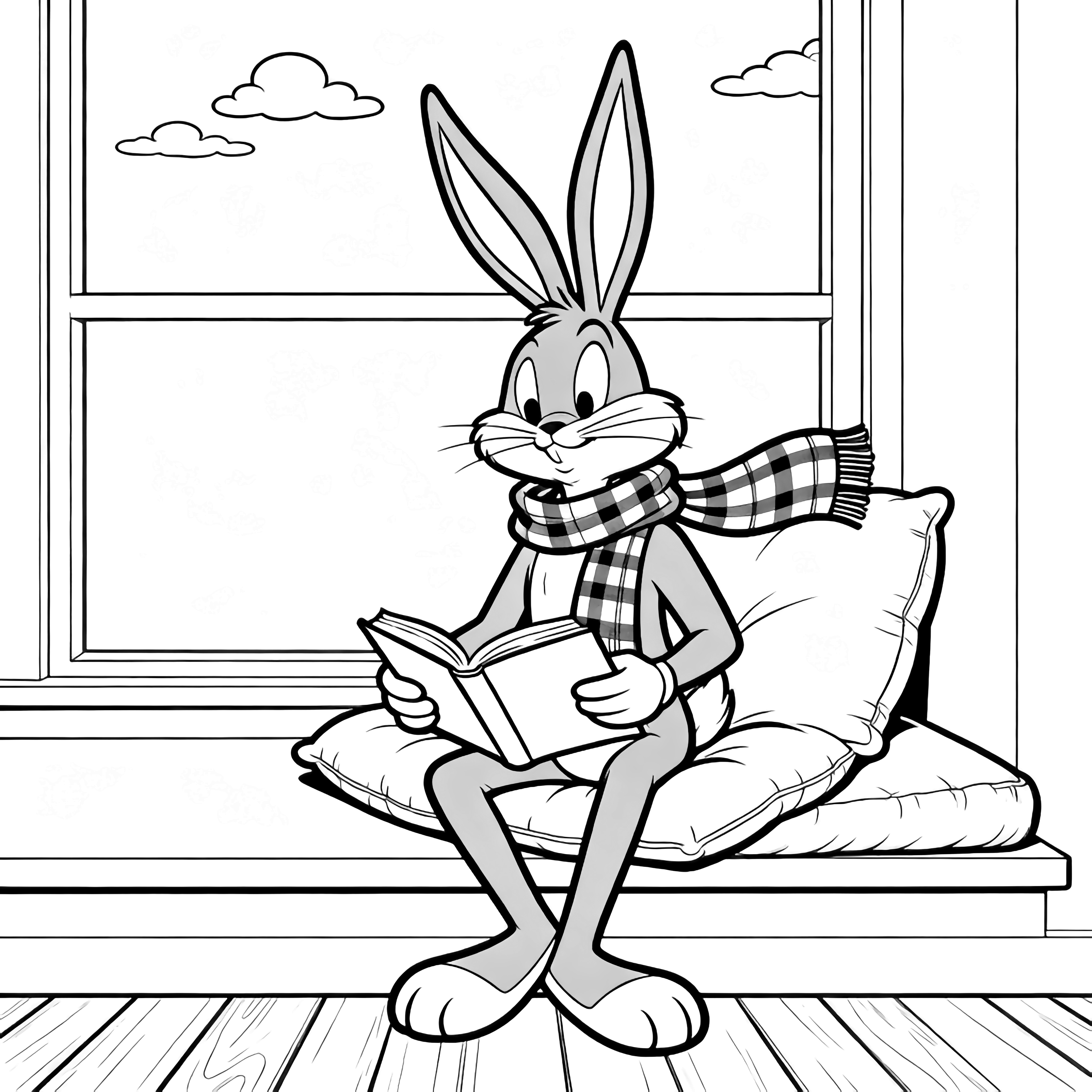 Bugs Bunny lounges on a window seat, plaid scarf around his neck, reading an open book while clouds drift outside. kleurplaat