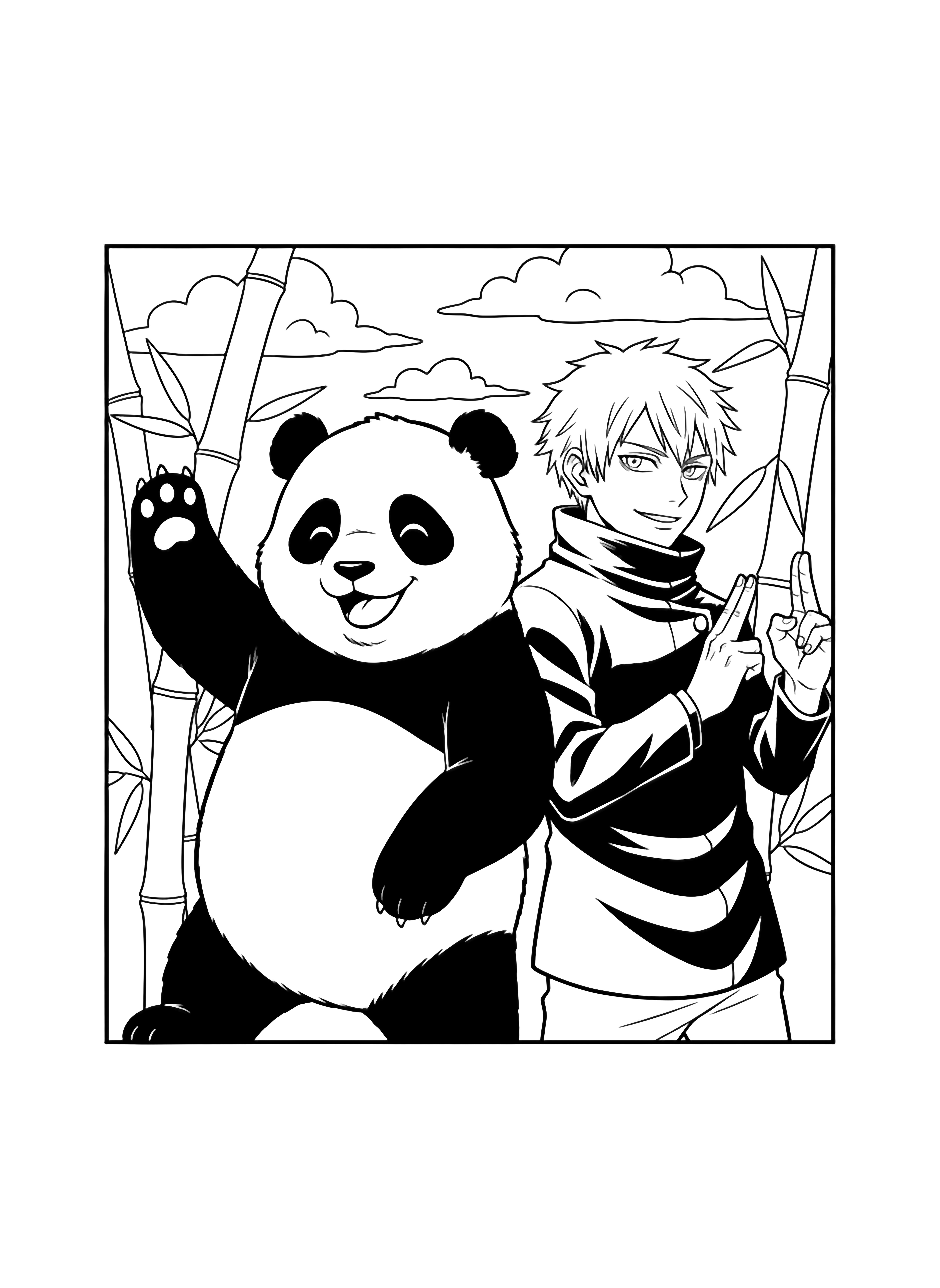 Panda and Inumaki stand back-to-back, Panda waving a paw while Inumaki makes hand signs; both grin, framed by bamboo and fluffy clouds. kleurplaat