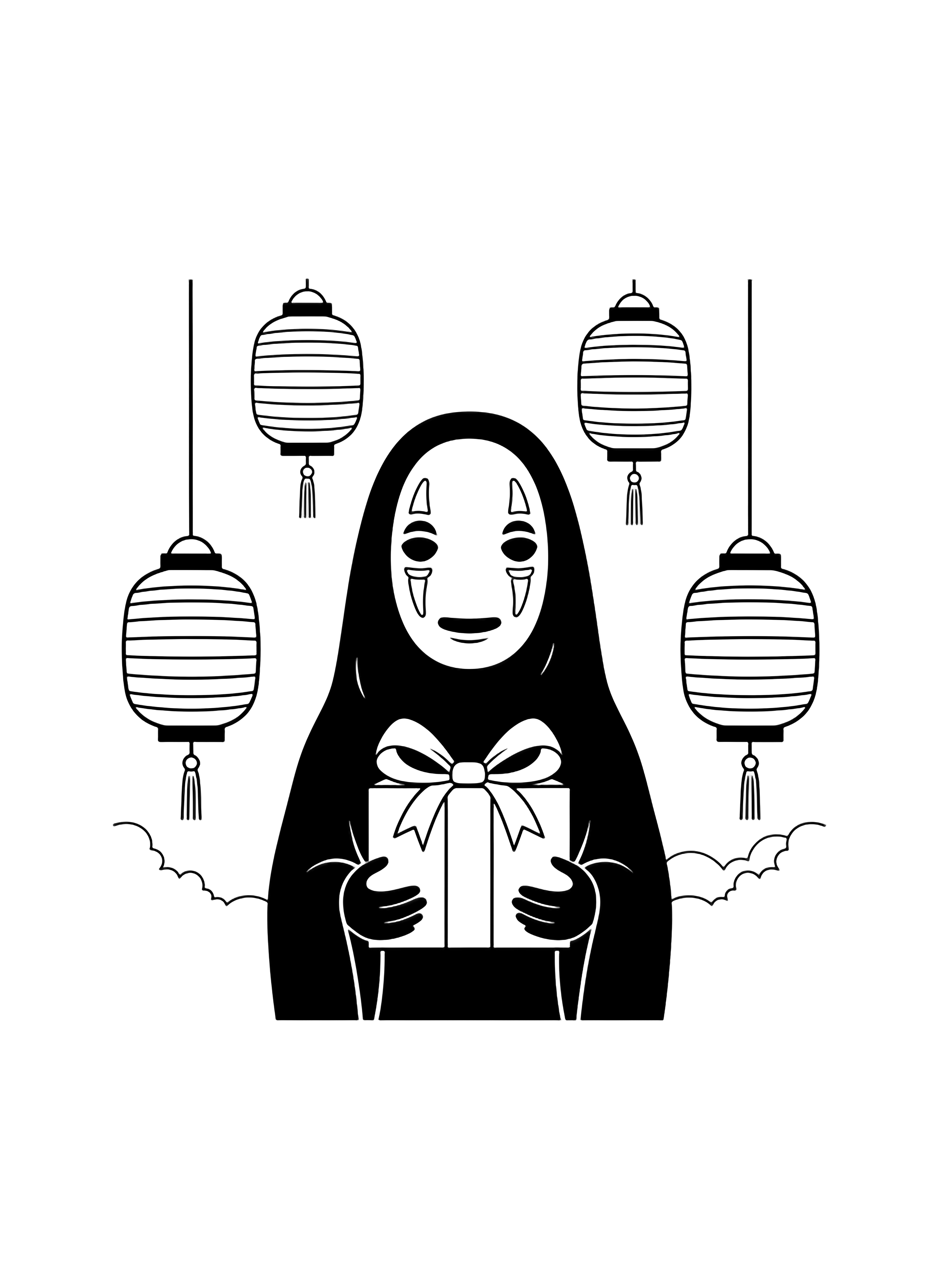 No-Face stands centered holding a ribbon-tied gift box, flanked by three hanging lanterns. kleurplaat