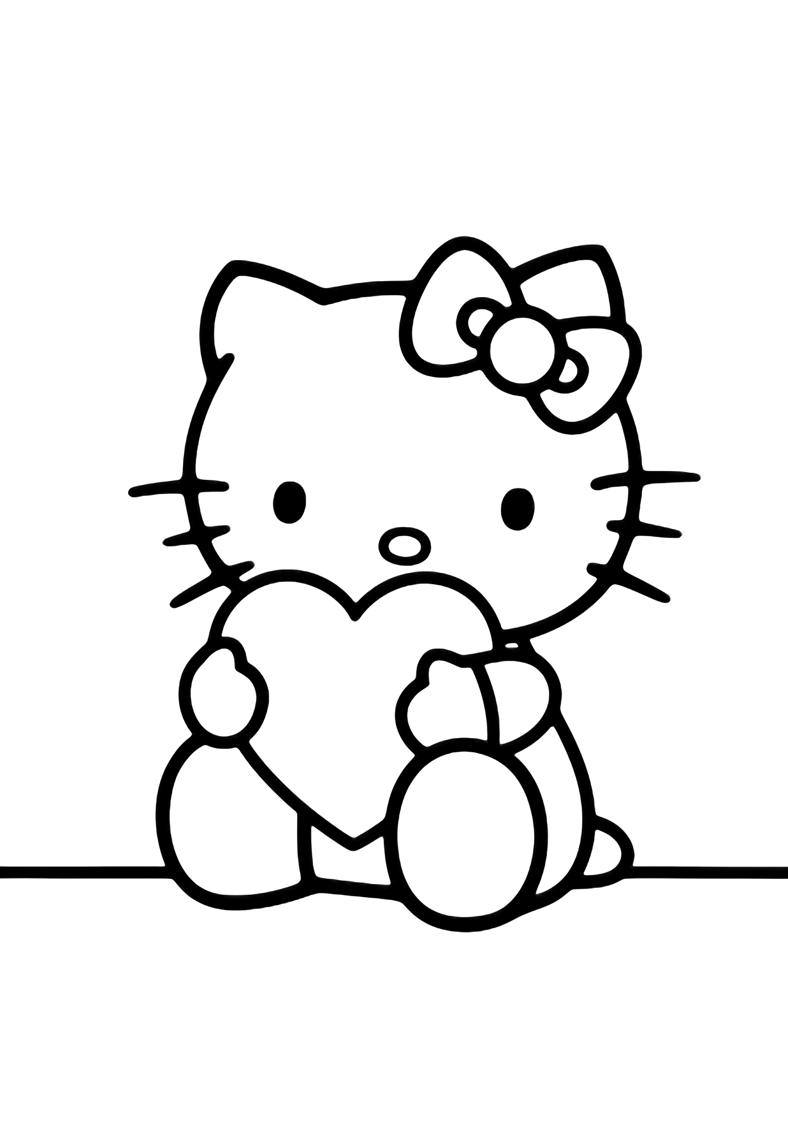 Hello Kitty sits centered, hugging a big heart to her chest, her bow and whiskers clear against a simple floor line. kleurplaat