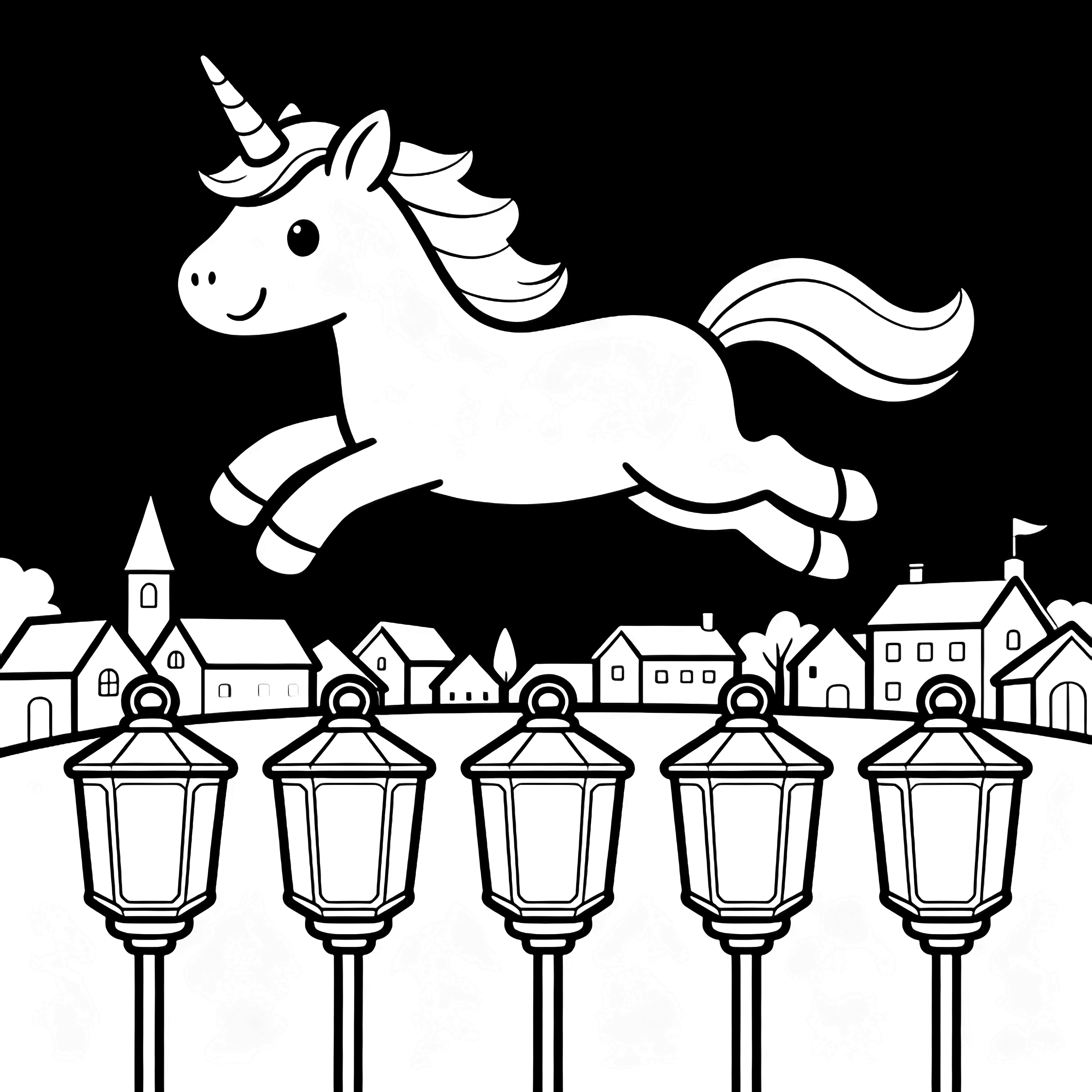 A smiling unicorn with a flowing mane glides above a small town; five lantern-topped poles line the street below. kleurplaat