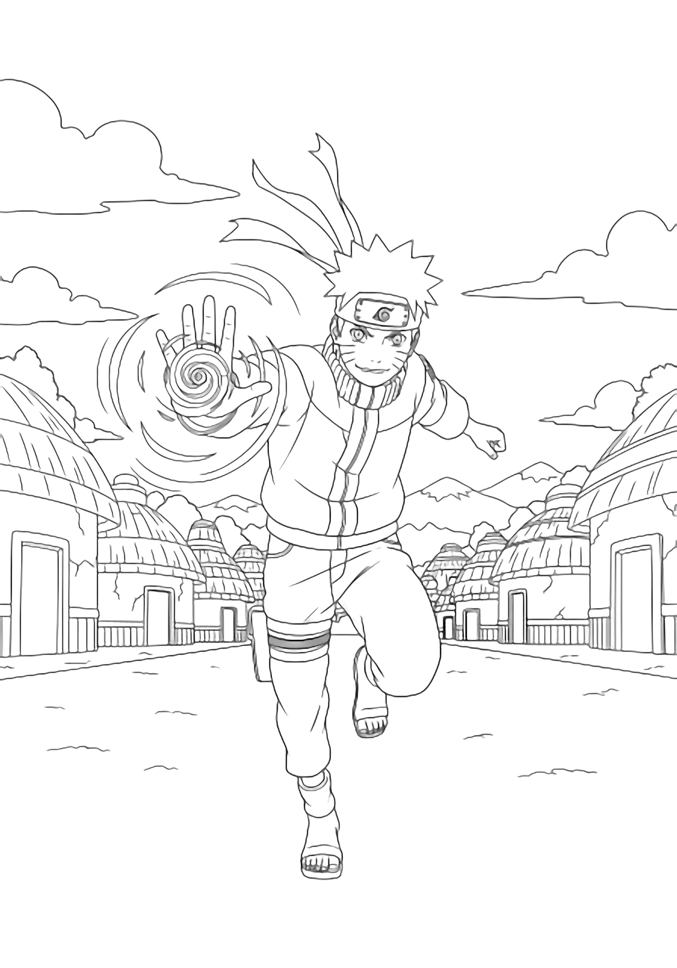 Naruto sprints forward, spiky hair and headband ribbon streaming, palm spinning a spiral Rasengan; behind him, a village street with blank-walled huts, clouds, and distant mountains. kleurplaat