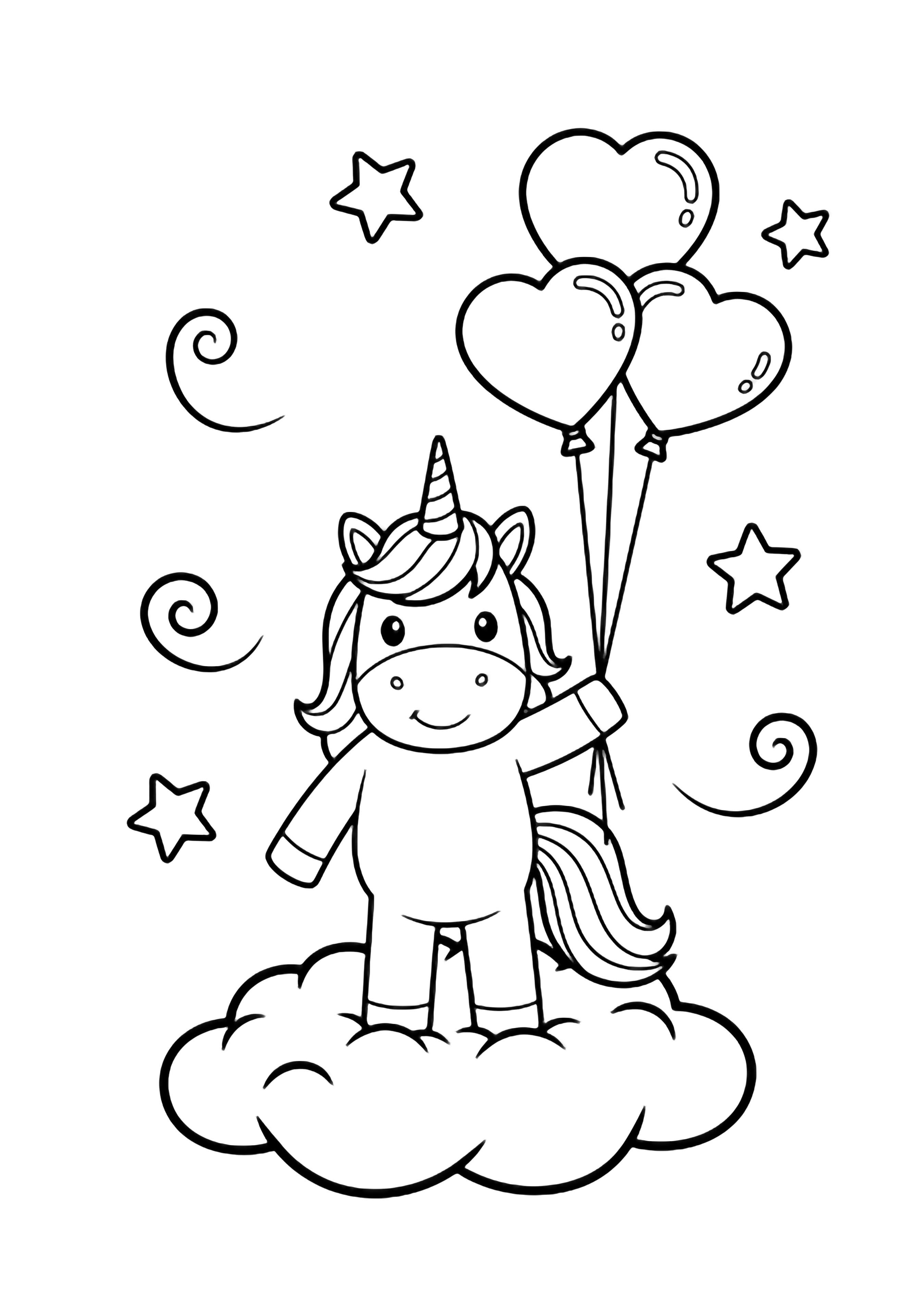 A smiling unicorn on a cloud holds three heart balloons; stars and curls drift around. kleurplaat
