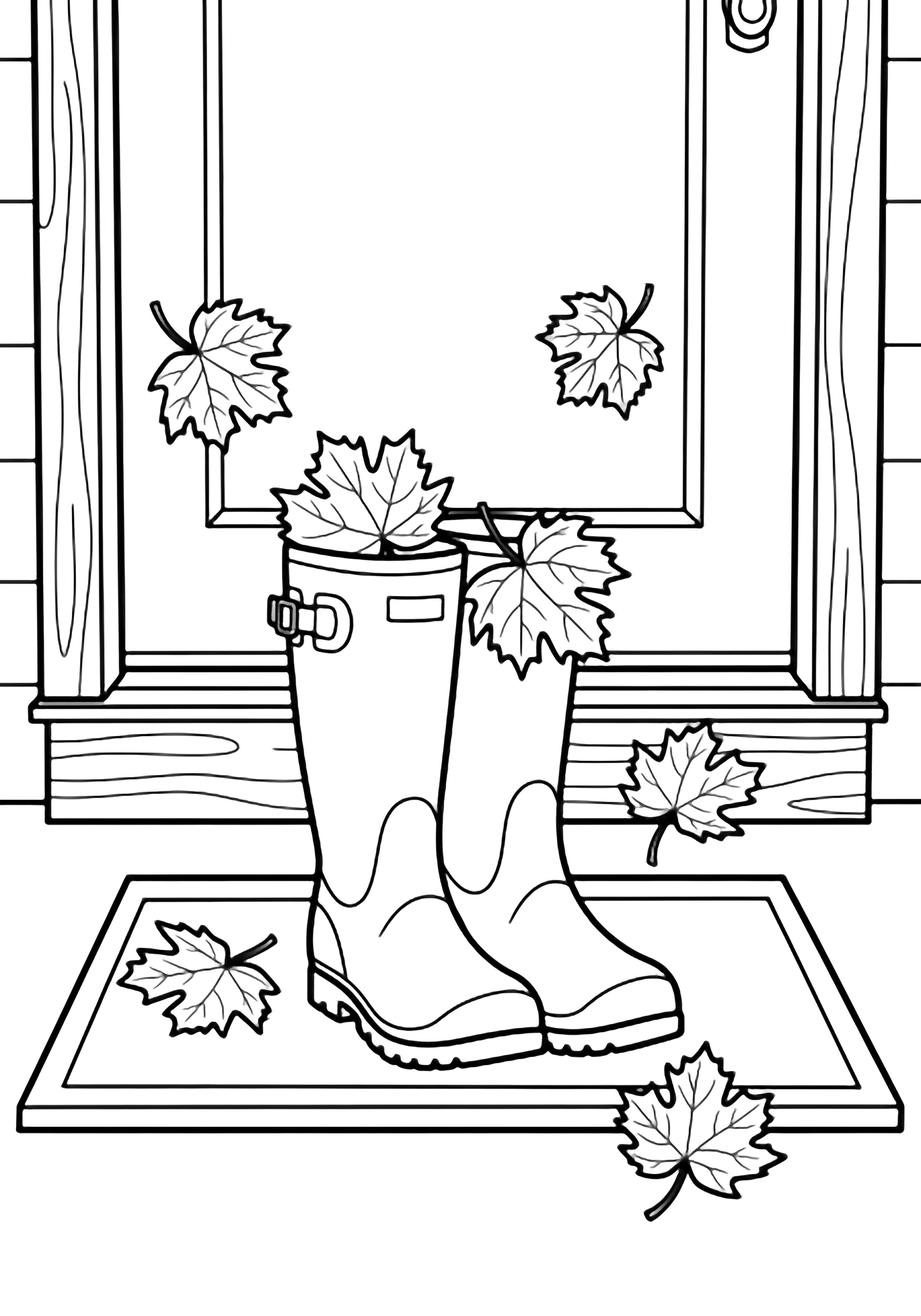 Tall rain boots on a doormat, maple leaves drifting around, wooden porch boards and door frame. kleurplaat