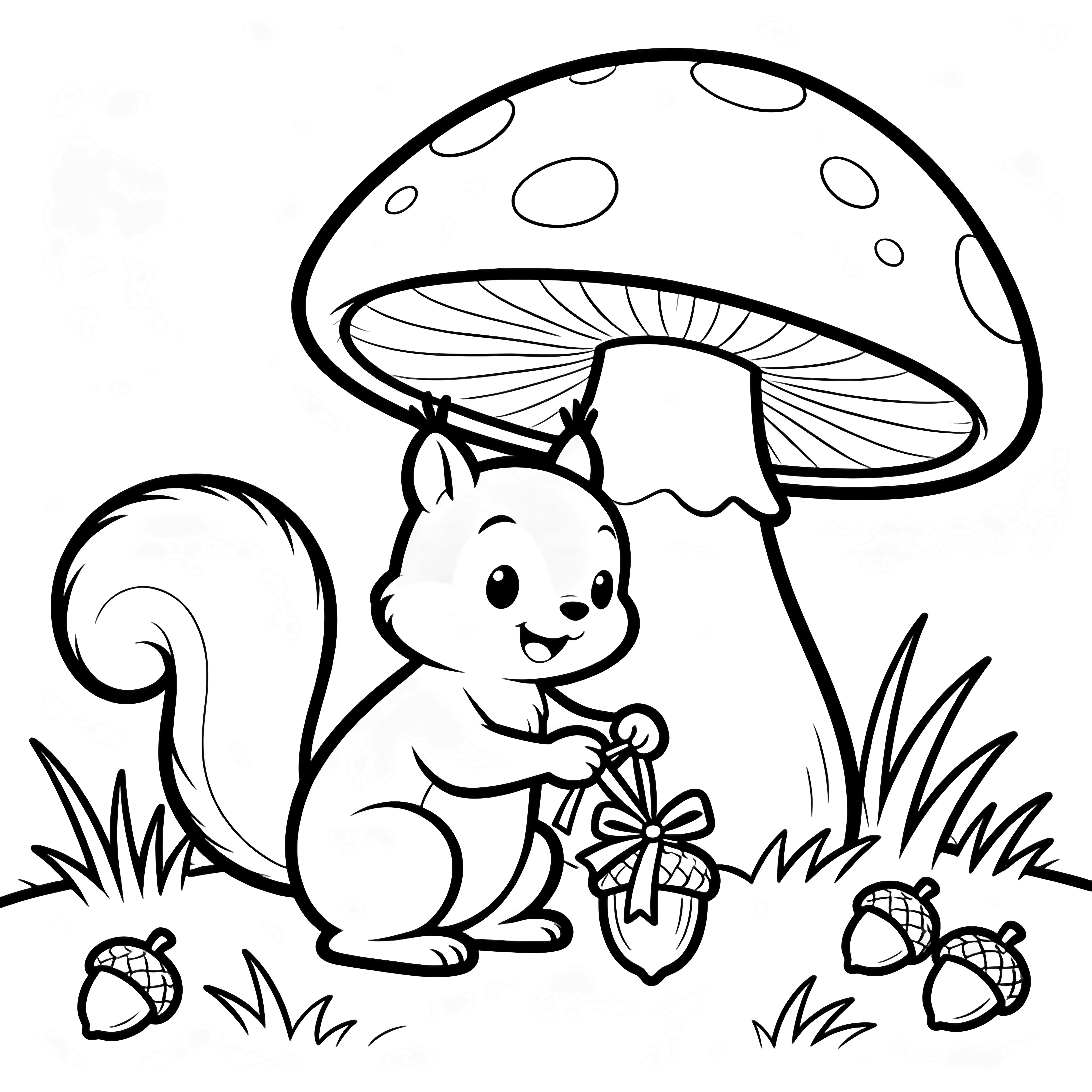 A kneeling squirrel ties a ribbon on an acorn beneath a huge mushroom, with wrapped acorns and grass scattered nearby. kleurplaat