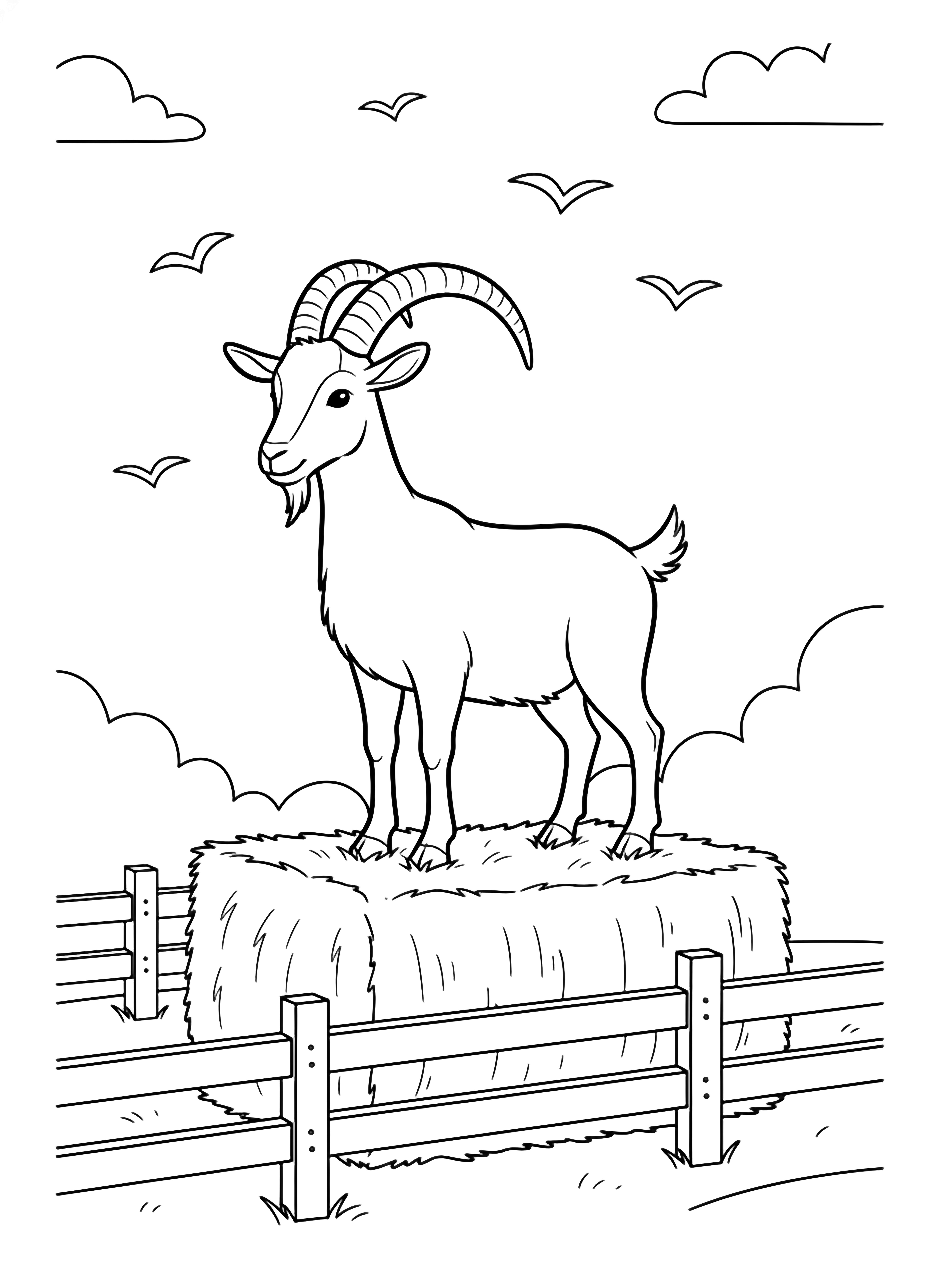A proud goat with curved horns stands on a hay bale while birds glide above a farm fence beneath fluffy clouds. kleurplaat