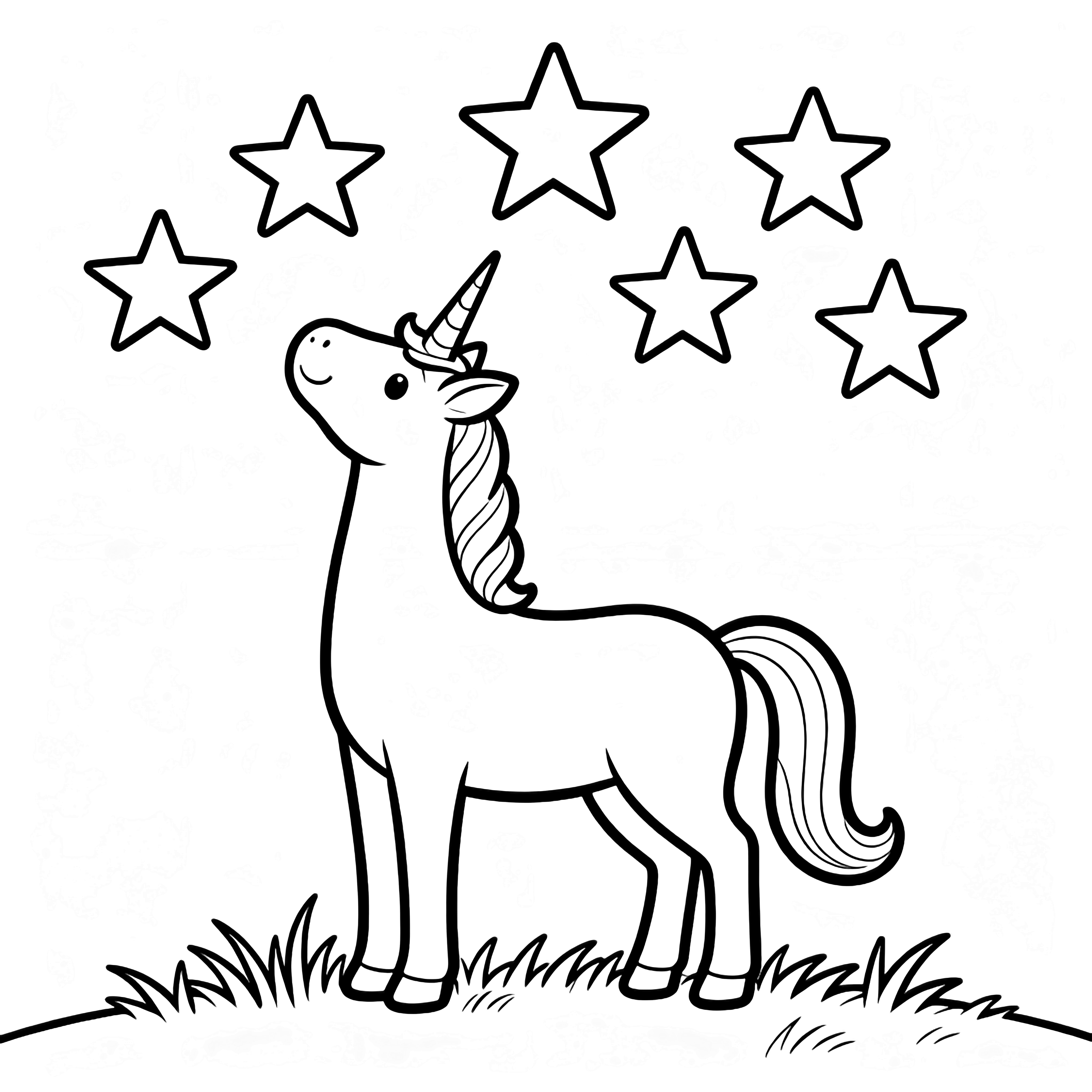 A smiling unicorn stands in grass, neck tilted up toward six large five-pointed stars. kleurplaat