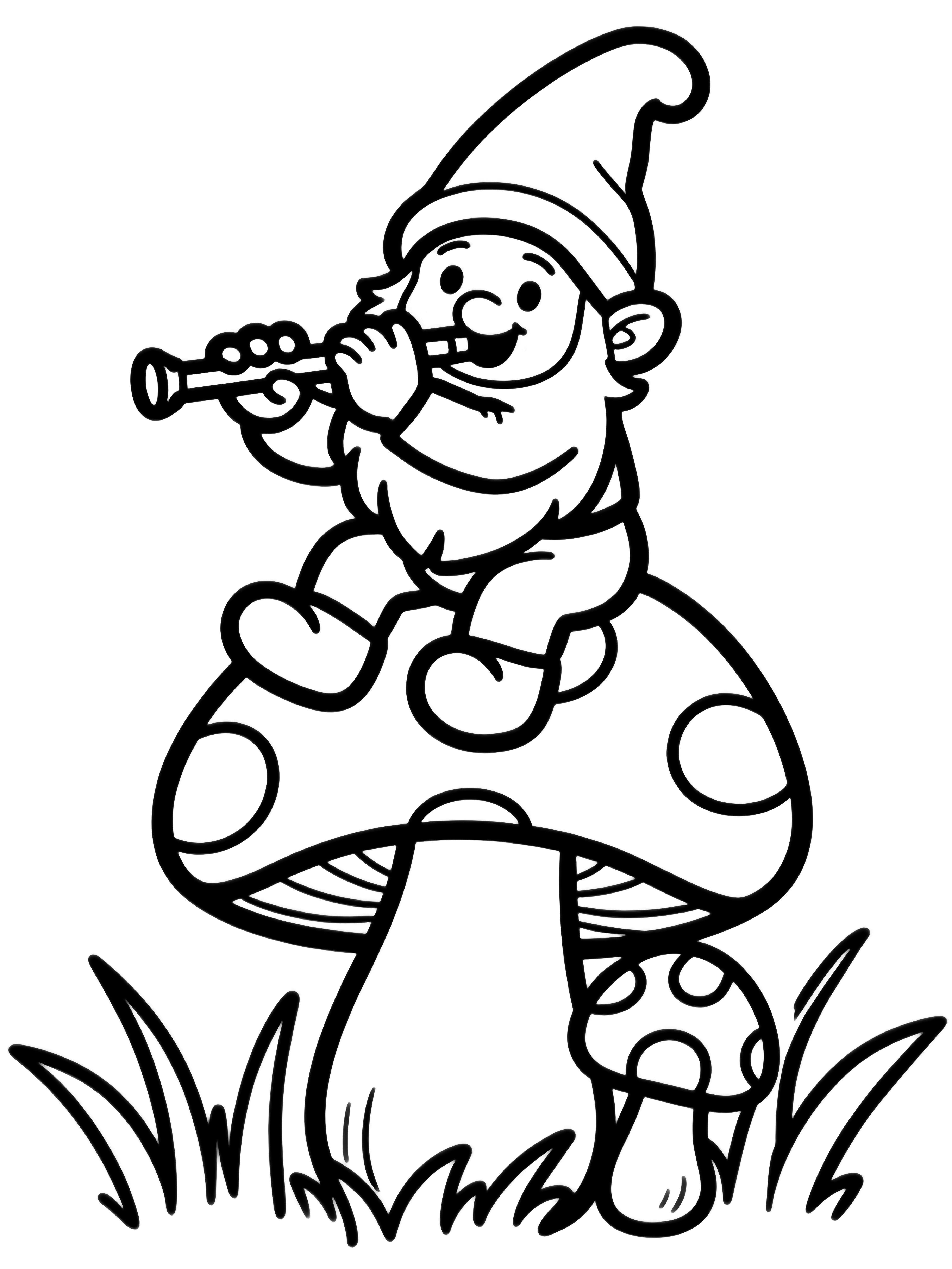 A cheerful gnome sits on a large toadstool, legs dangling, playing a flute, surrounded by oversized mushrooms and simple grass blades. kleurplaat