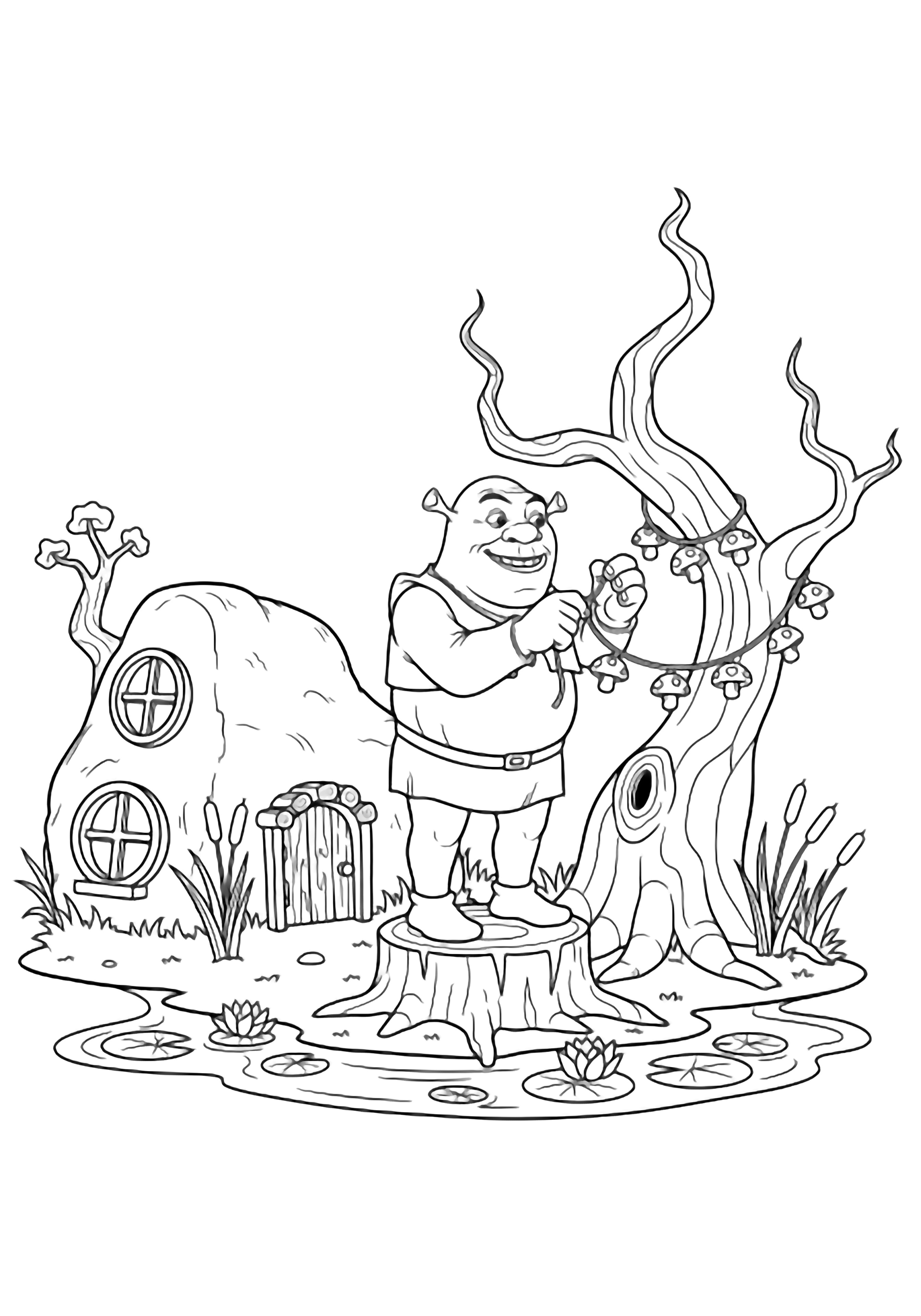 Shrek stands on a stump stringing mushroom lights along a crooked tree beside his smiling swamp house, cattails and lily pads around. kleurplaat