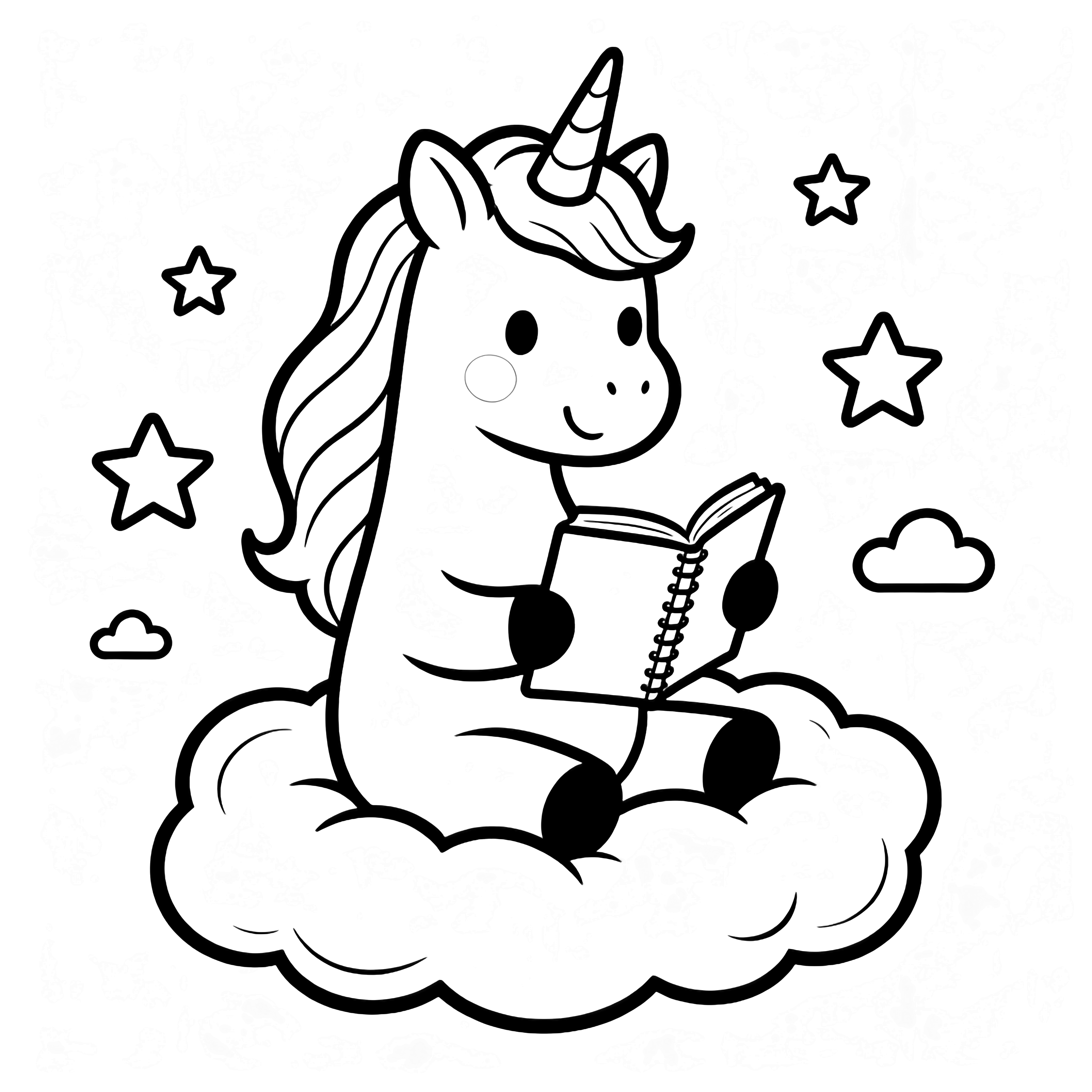 A smiling unicorn with flowing mane sits on a puffy cloud, front hooves holding an open diary, surrounded by simple stars and tiny clouds. kleurplaat