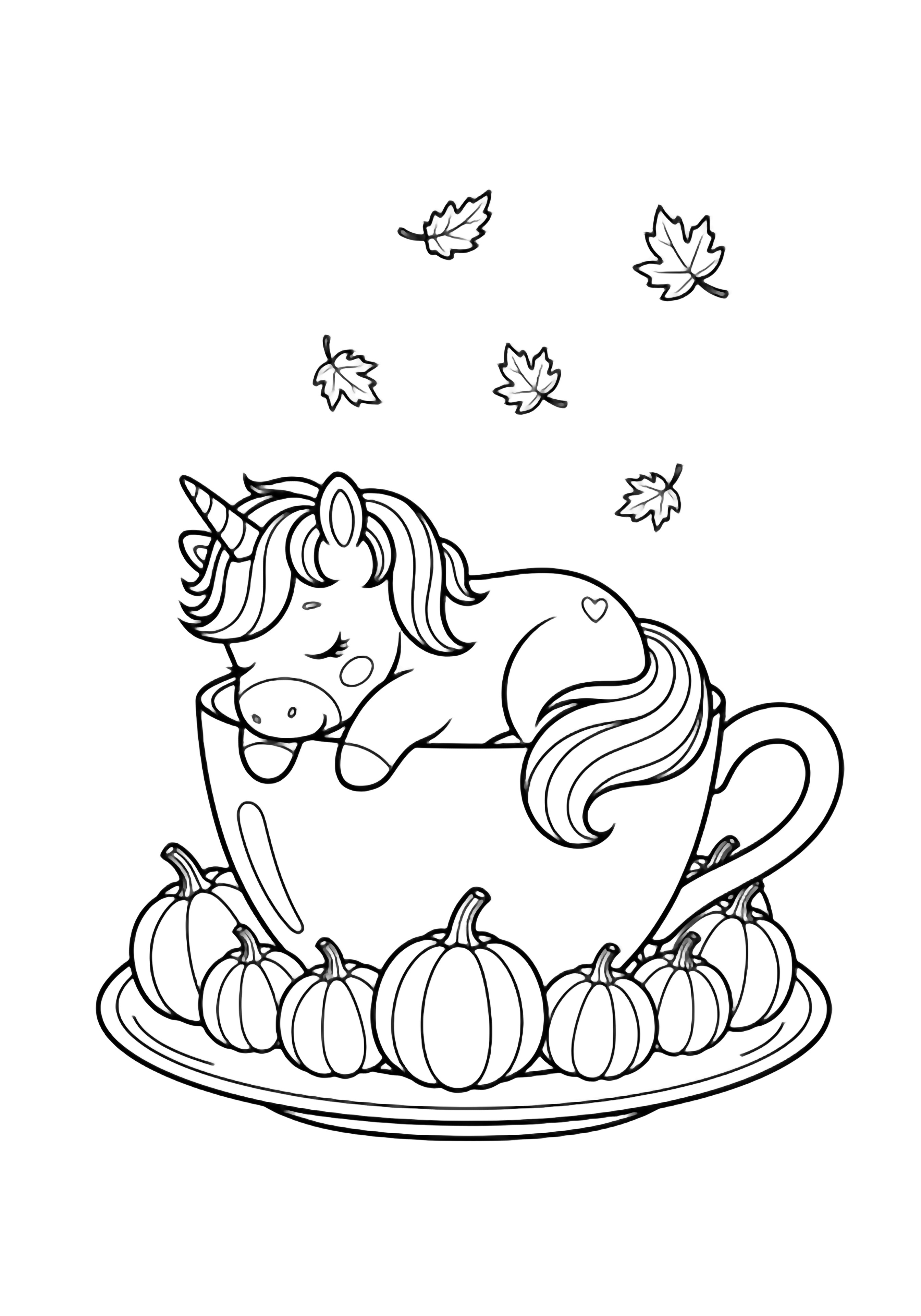 A chubby baby unicorn naps inside an oversized teacup, encircled by pumpkins, with drifting leaves overhead. kleurplaat
