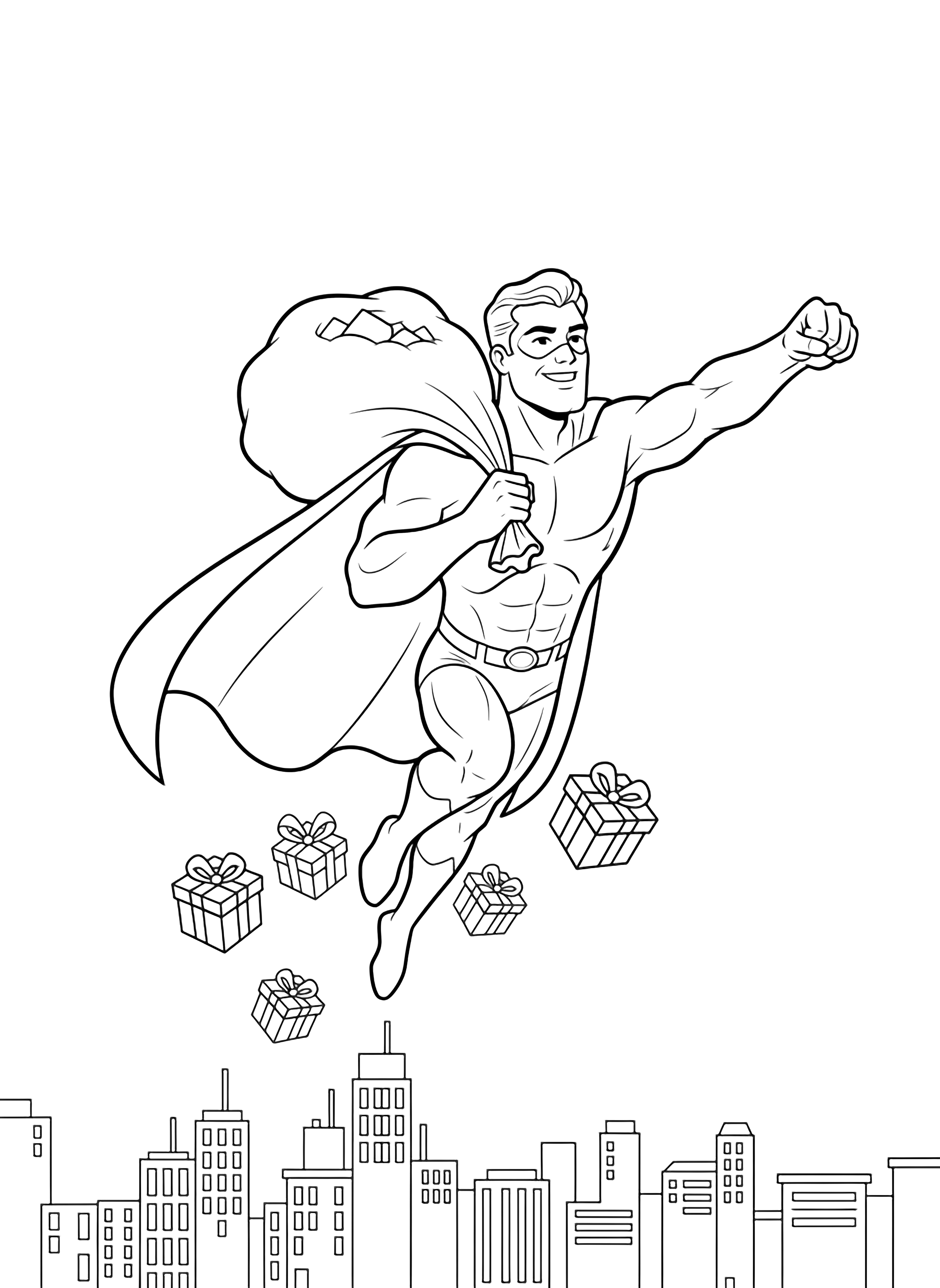 A smiling caped hero soars mid-air, one arm forward, sack over shoulder; gift boxes float behind him above a simple city skyline. kleurplaat