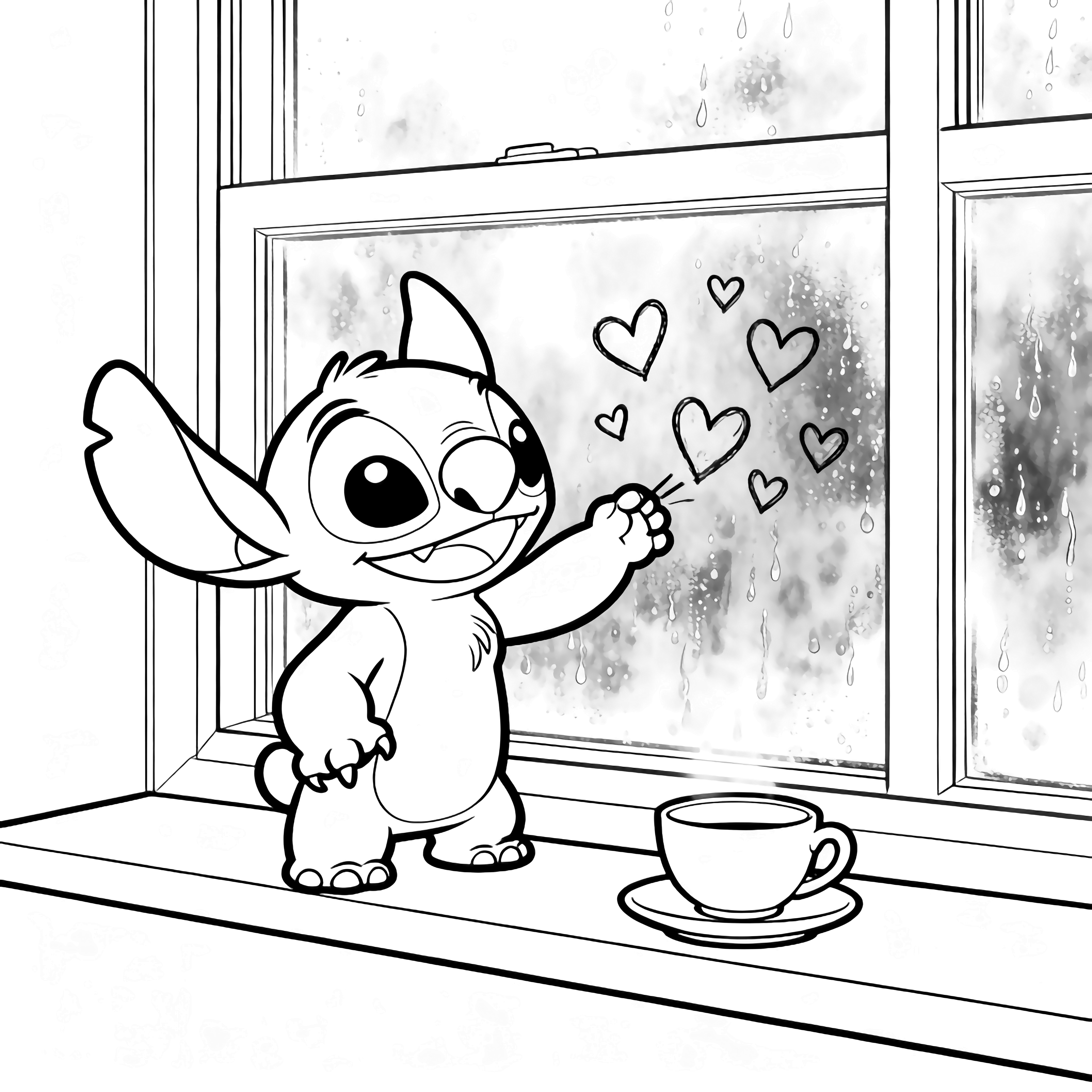 Stitch sits on a window seat, happily drawing hearts on the fogged glass while a teacup and saucer rest nearby. kleurplaat