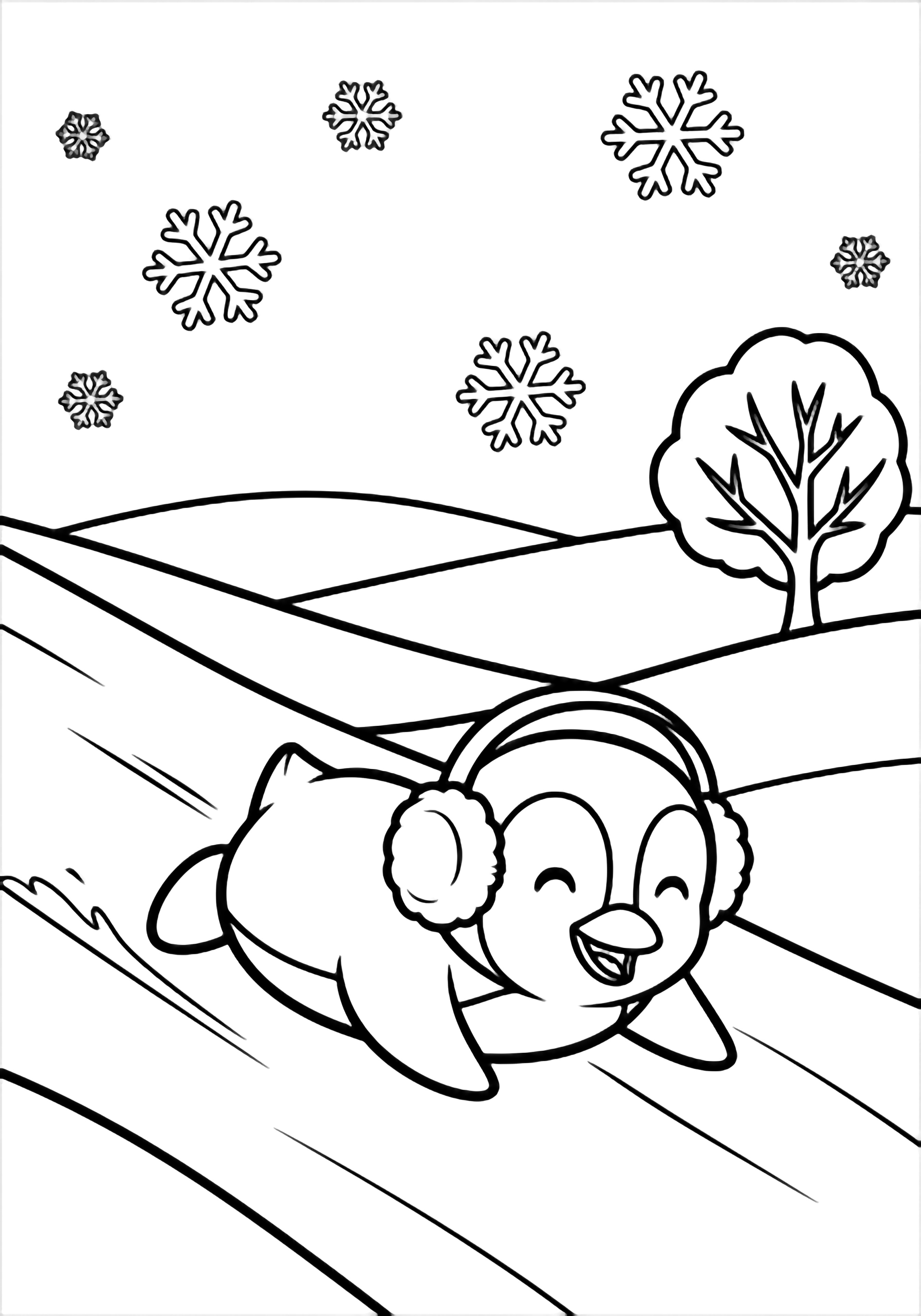 A cheerful penguin with round earmuffs belly-slides down a snowy slope; drifting snowflakes, gentle hills, and one bare tree frame the scene. kleurplaat