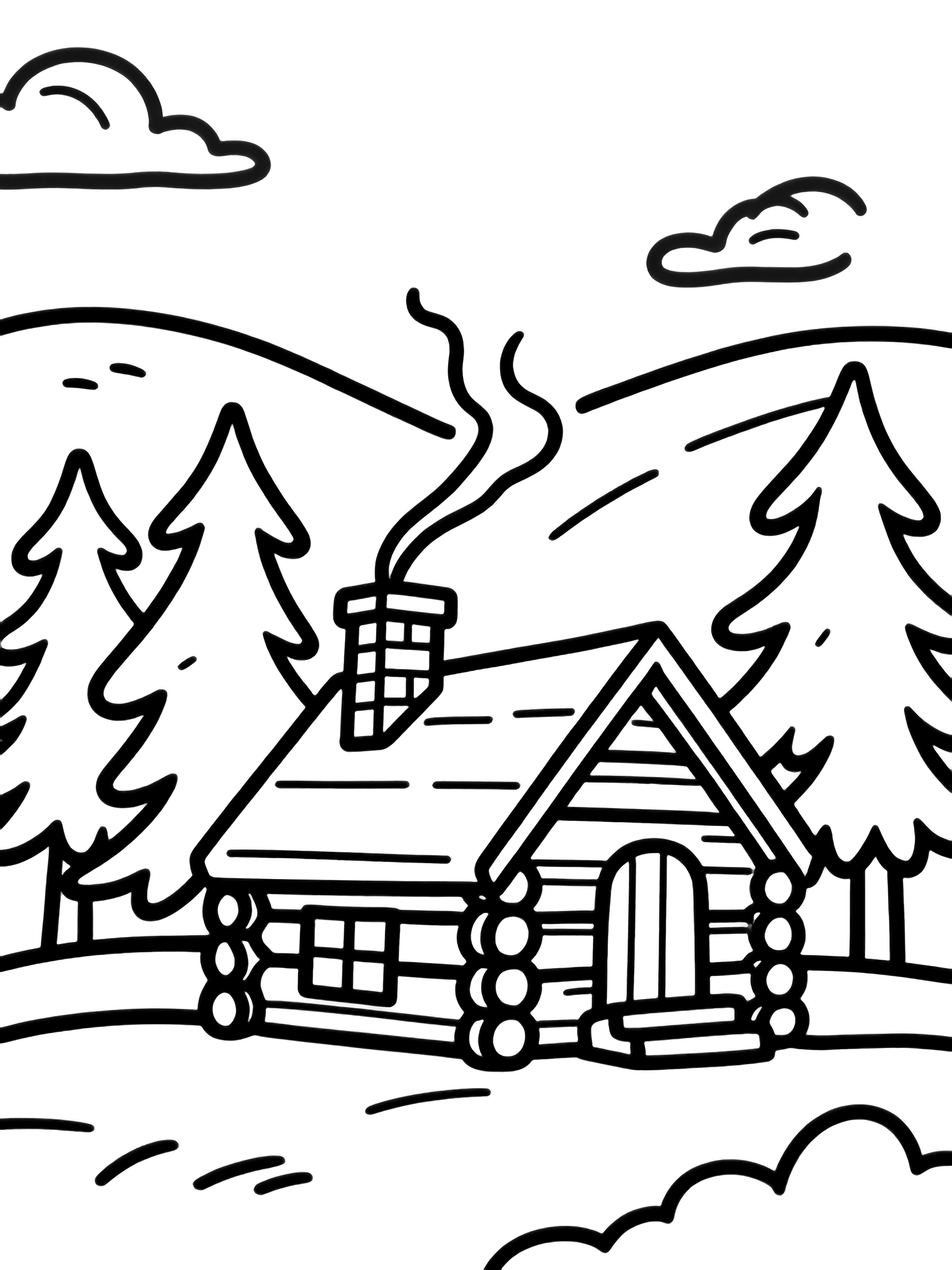 A tiny log cabin with a tilted chimney sits among tall pines, rounded hills and drifting clouds surrounding it. kleurplaat