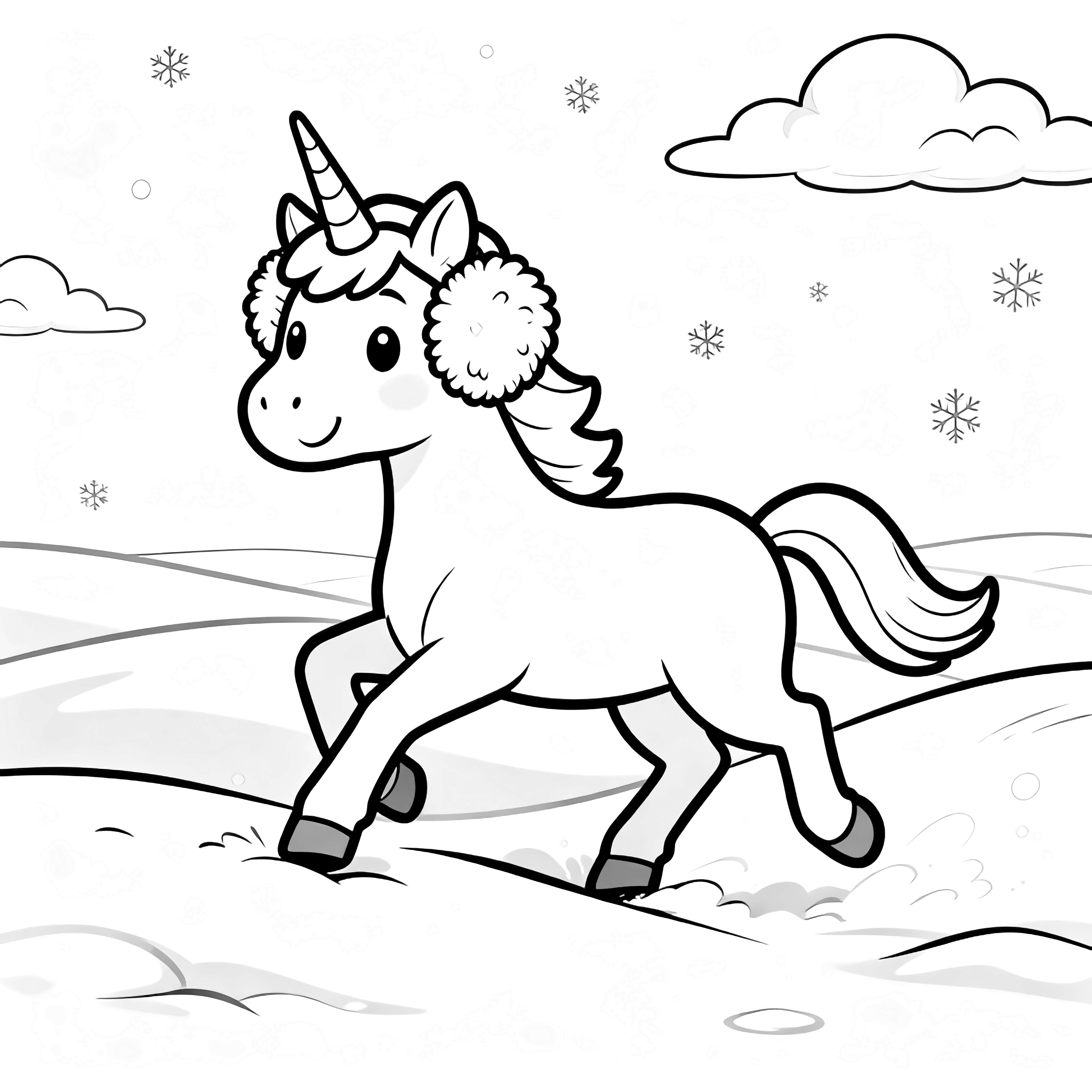 A smiling unicorn wearing fluffy earmuffs trots through gentle snow dunes beneath simple clouds and drifting flakes. kleurplaat