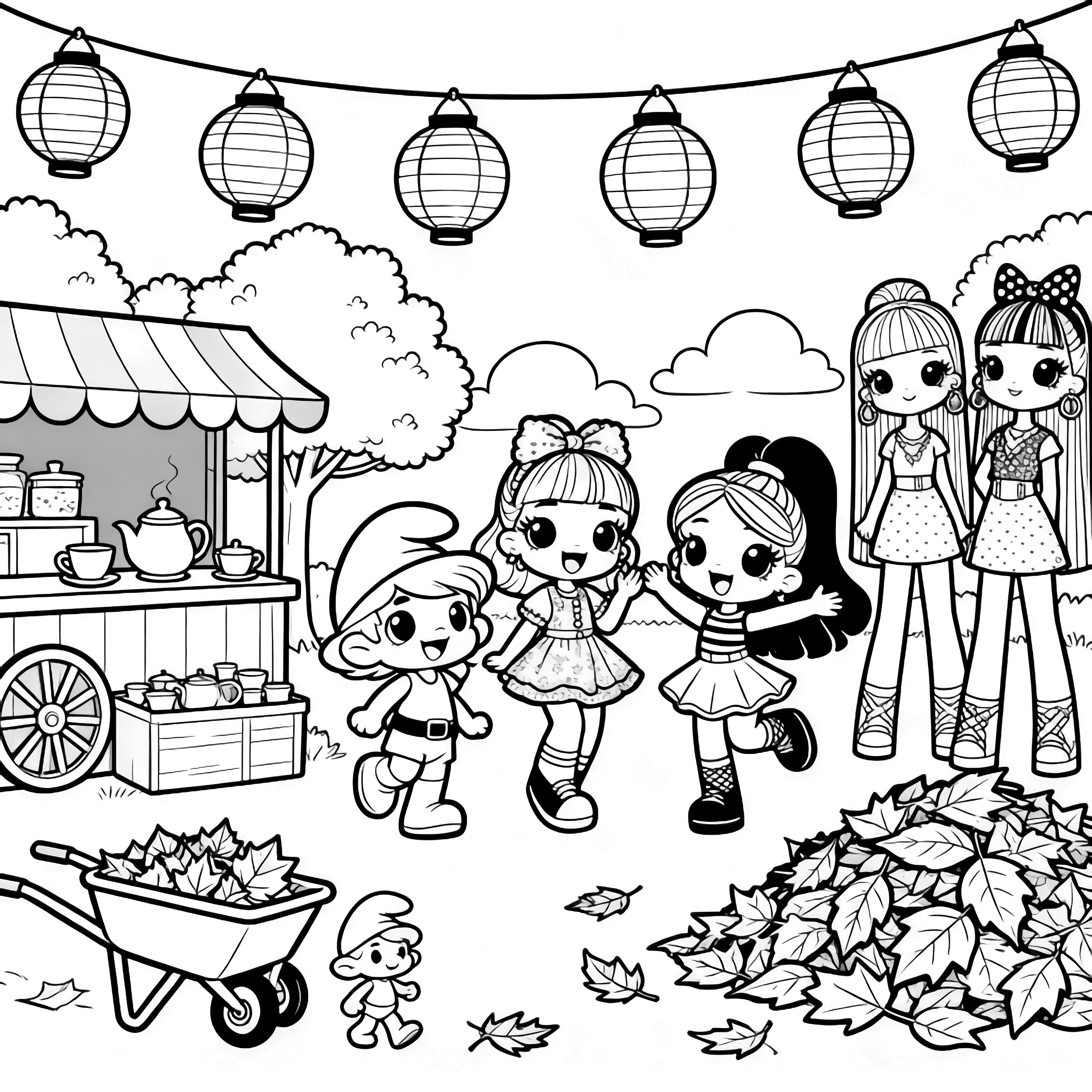 Tiny Smurfs and tall LOL dolls enjoy a fall fair: lanterns overhead, tea counters, wheelbarrow rides, leaf piles, laughing friends, simple trees and clouds behind. kleurplaat
