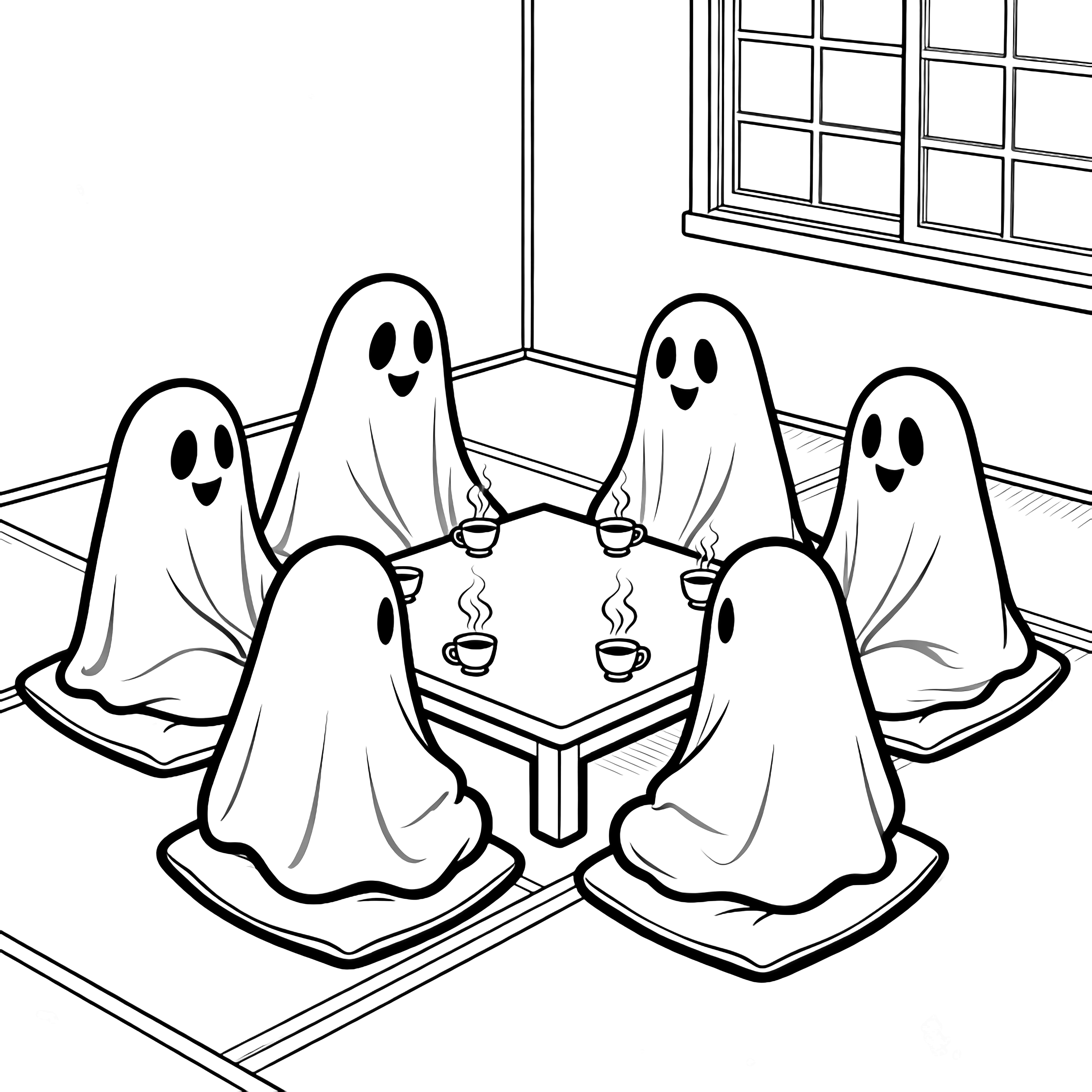 Six sheet-ghosts with oval eyes and happy smiles sit on cushions around a low kotatsu; steam rises from tiny teacups, tatami mats and a window behind. kleurplaat