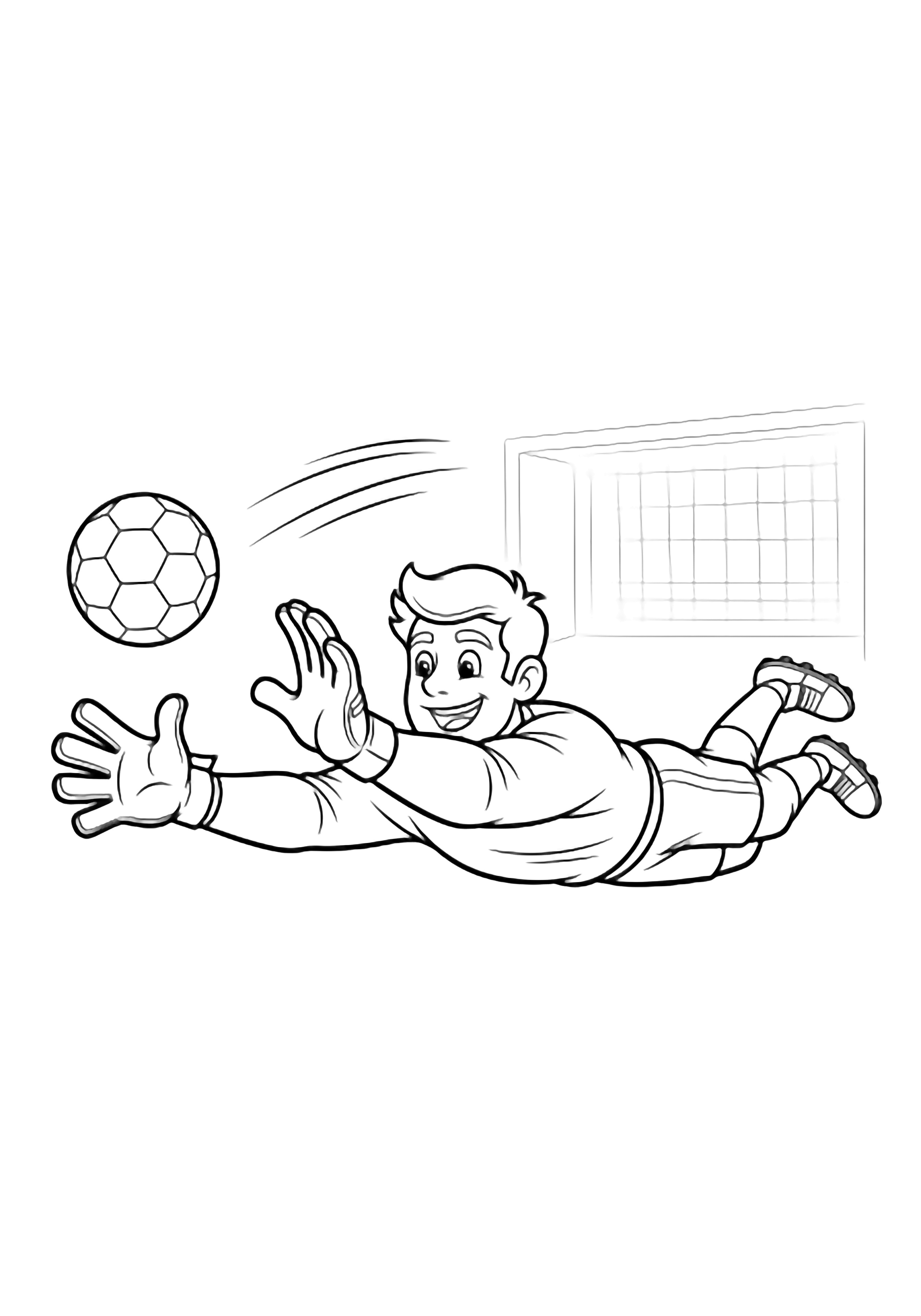 A joyful goalkeeper diving sideways, gloved hands stretching to stop a soccer ball, with a faint goal net behind him. kleurplaat