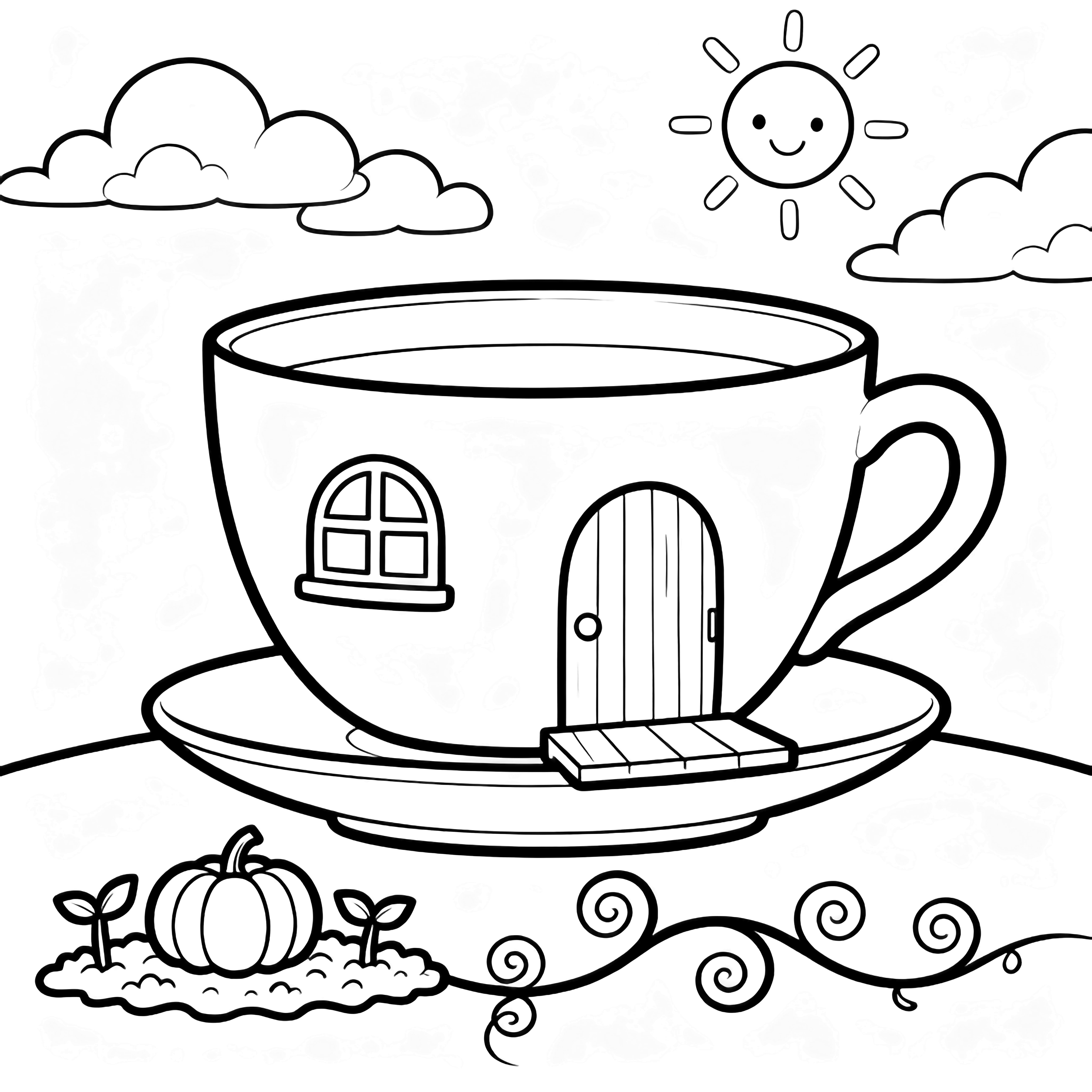 A teacup-shaped cottage with a round door and window sits on a saucer porch, pumpkins growing below, clouds and a smiling sun above. kleurplaat