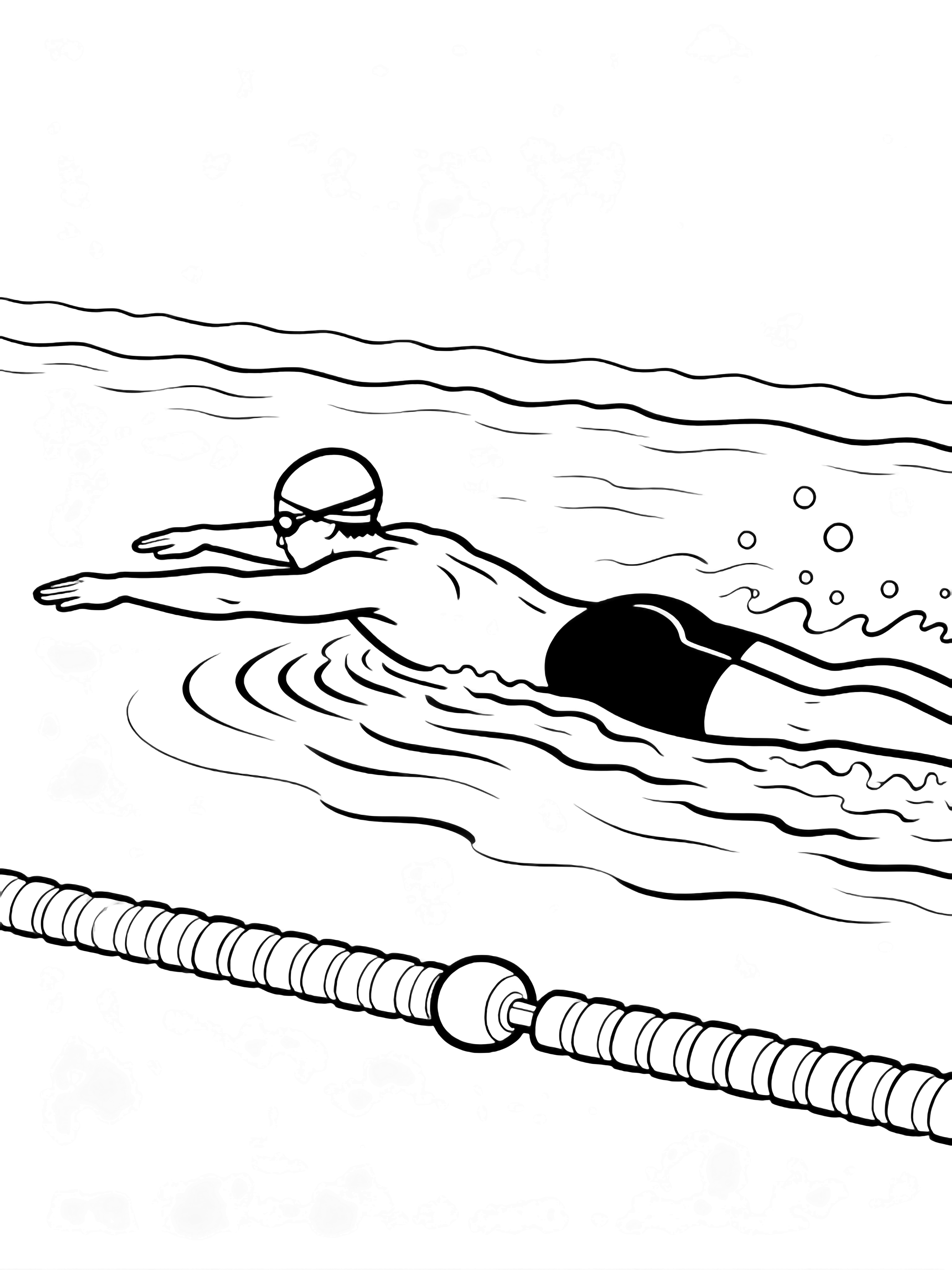 Side-view swimmer mid-butterfly stroke, arms sweeping forward, legs extended behind, rippling waterline, lane marker float, minimal splashy bubbles kleurplaat