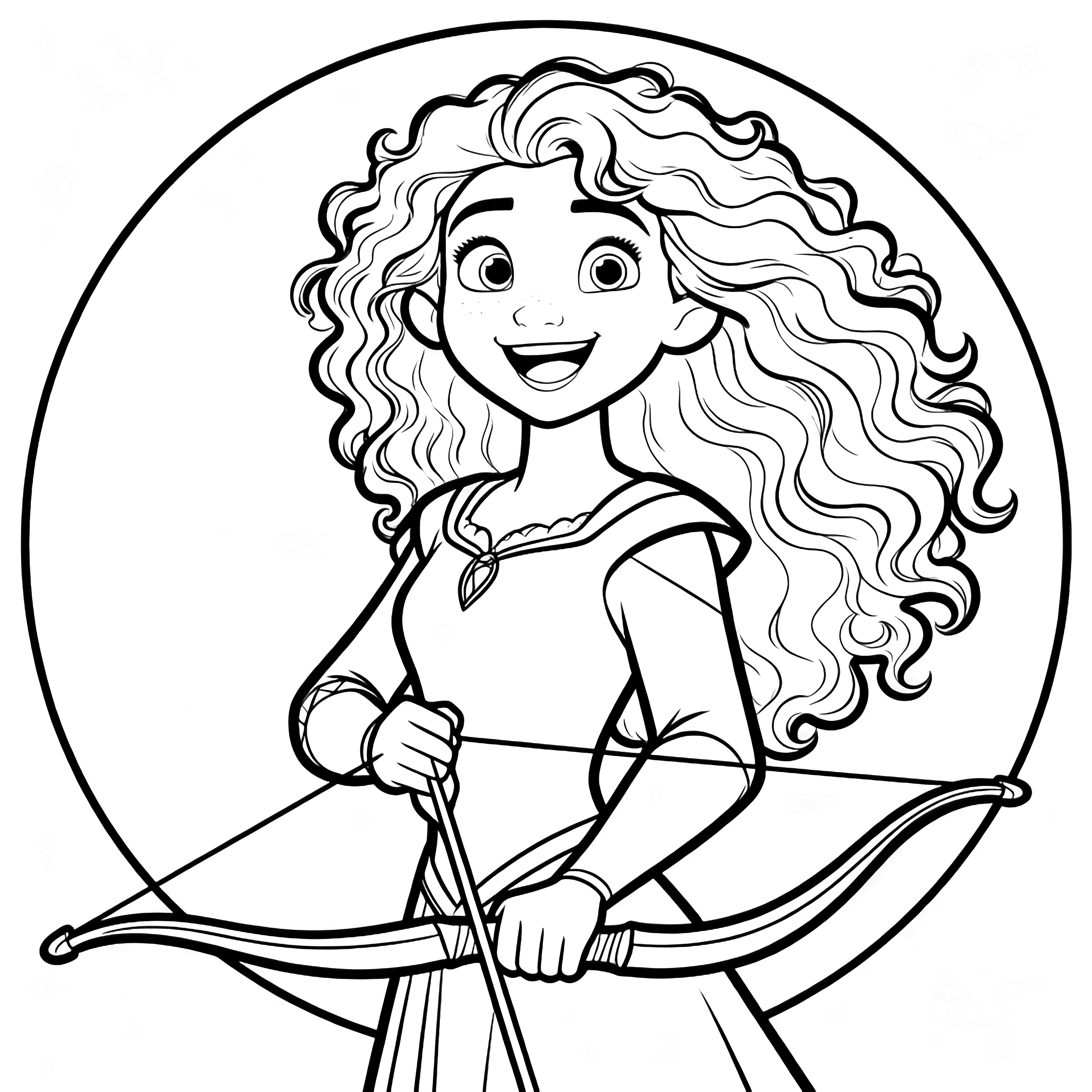 Merida staat glimlachend, boog op haar borst, krullen die waaien, omkaderd door een eenvoudige cirkel van bomen. kleurplaat
