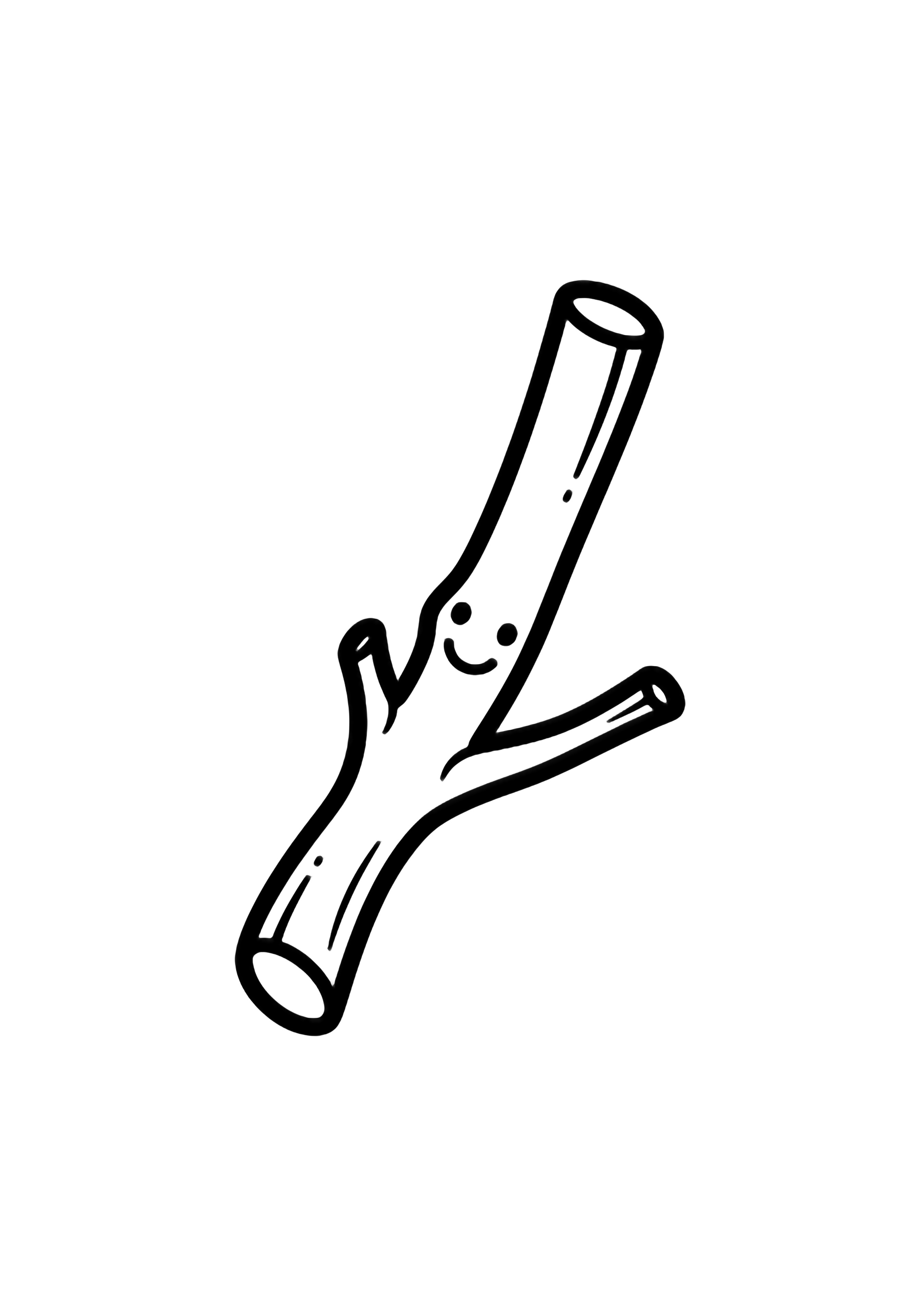 A cheerful curved branch with two tiny dot eyes forming a smiling face, shown in simple side view. kleurplaat
