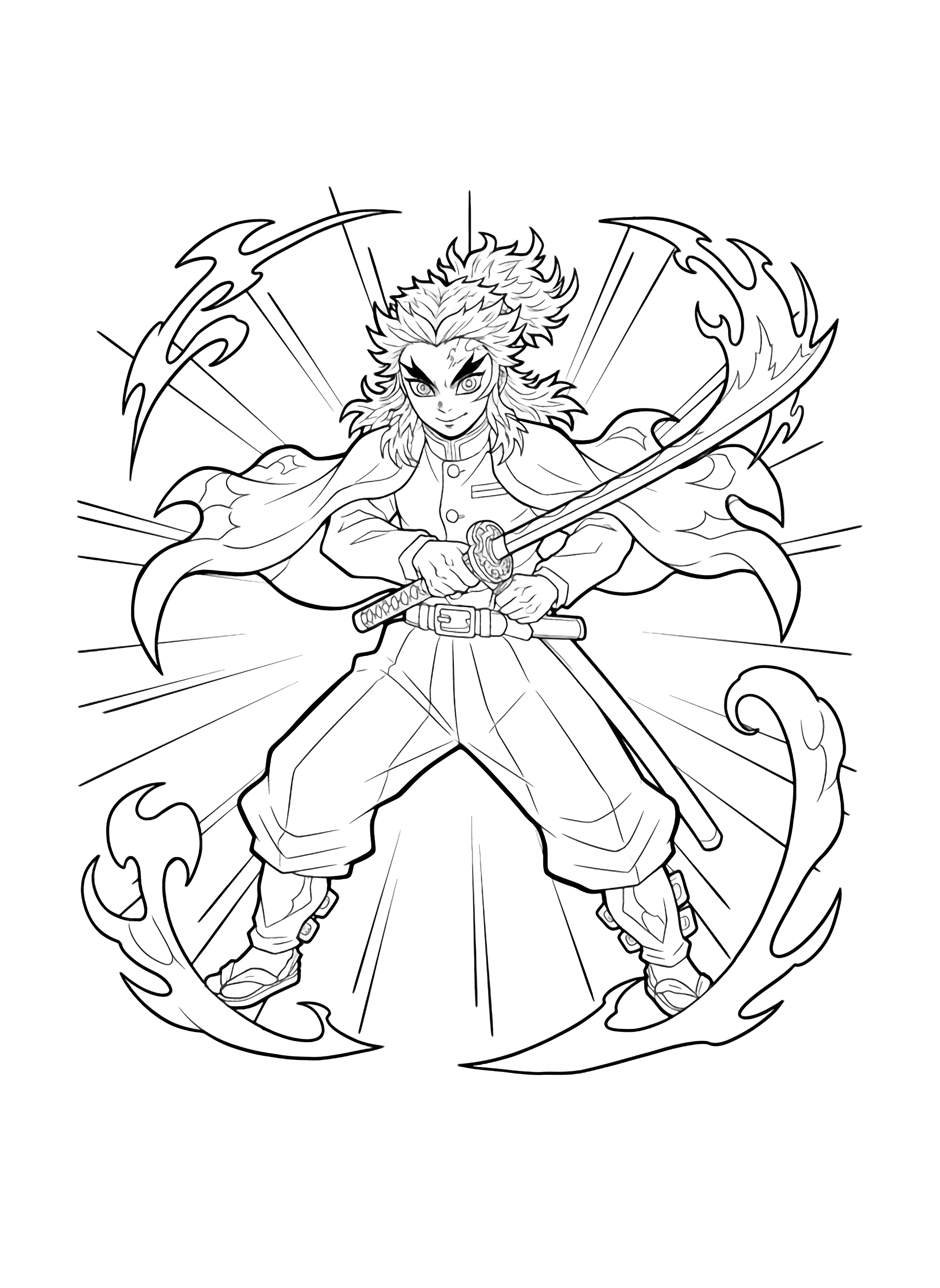 Rengoku Kyojuro lunges forward, katana sweeping, hair and coat billowing amid flame-shaped motion swirls and speed lines. kleurplaat