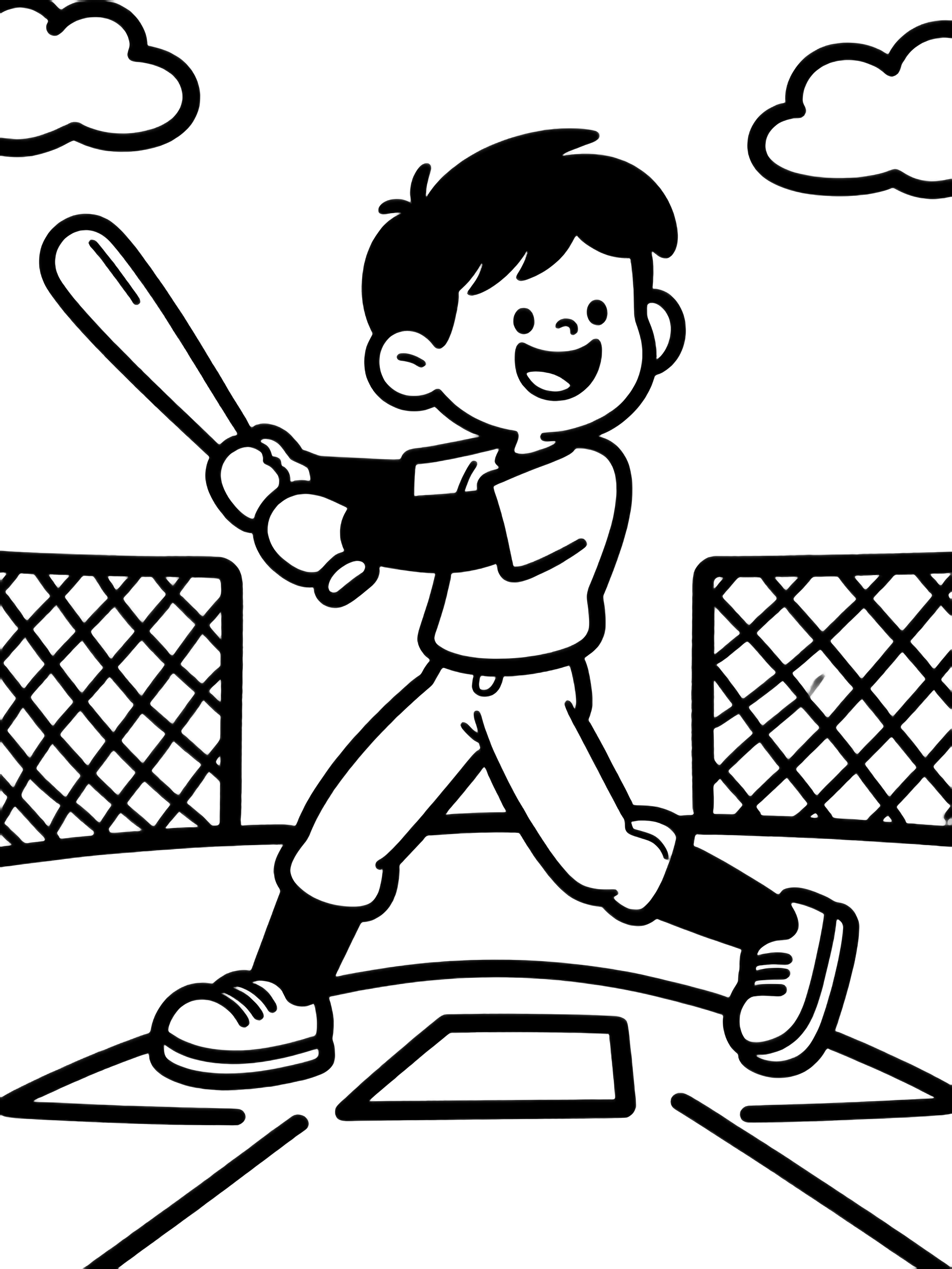 Smiling young batter mid-swing, wide stance, gripping bat; home plate, backstop frame, tiny clouds. kleurplaat