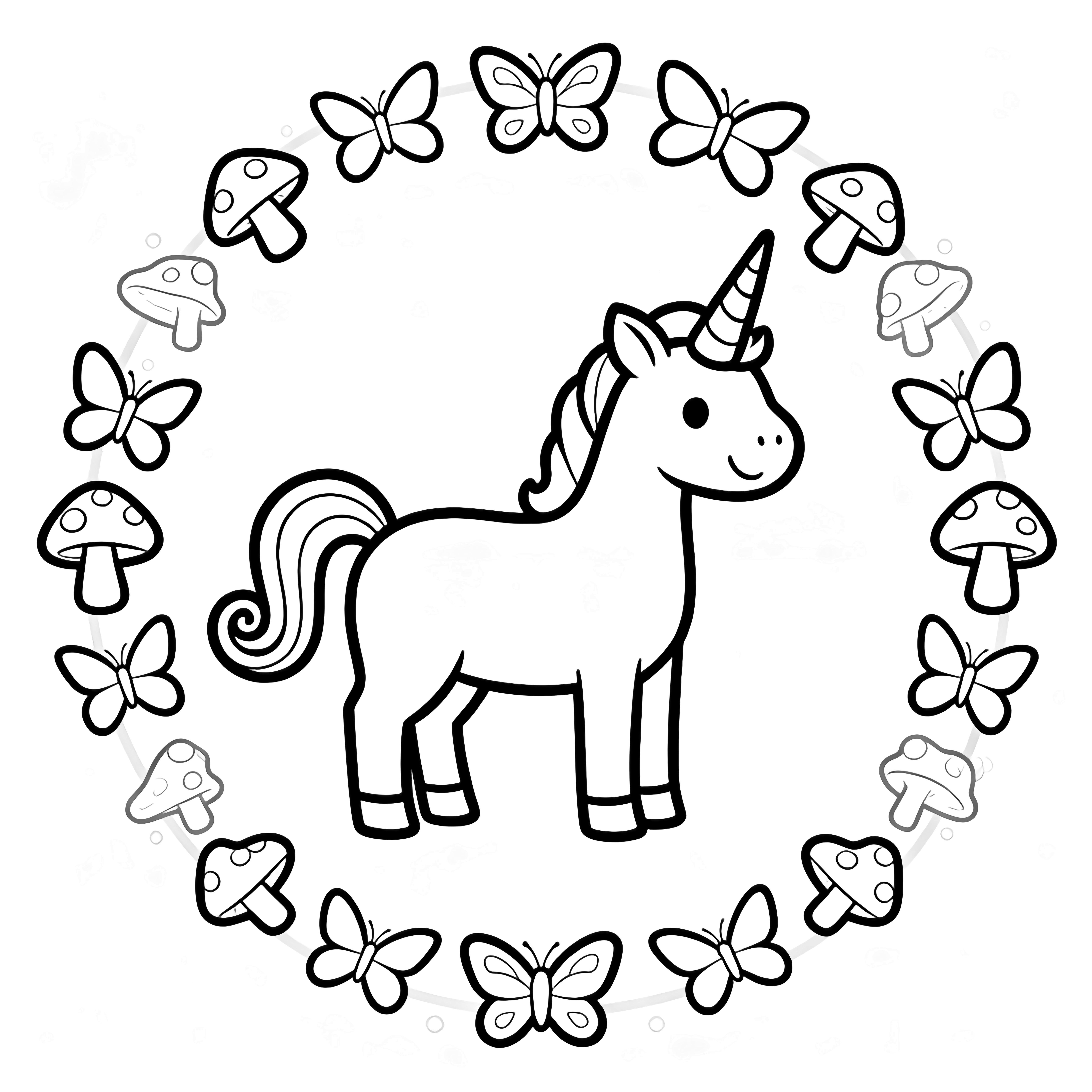 A smiling unicorn with an arched tail and spiraling horn, surrounded by simple mushrooms and butterflies arranged in gentle symmetry. kleurplaat