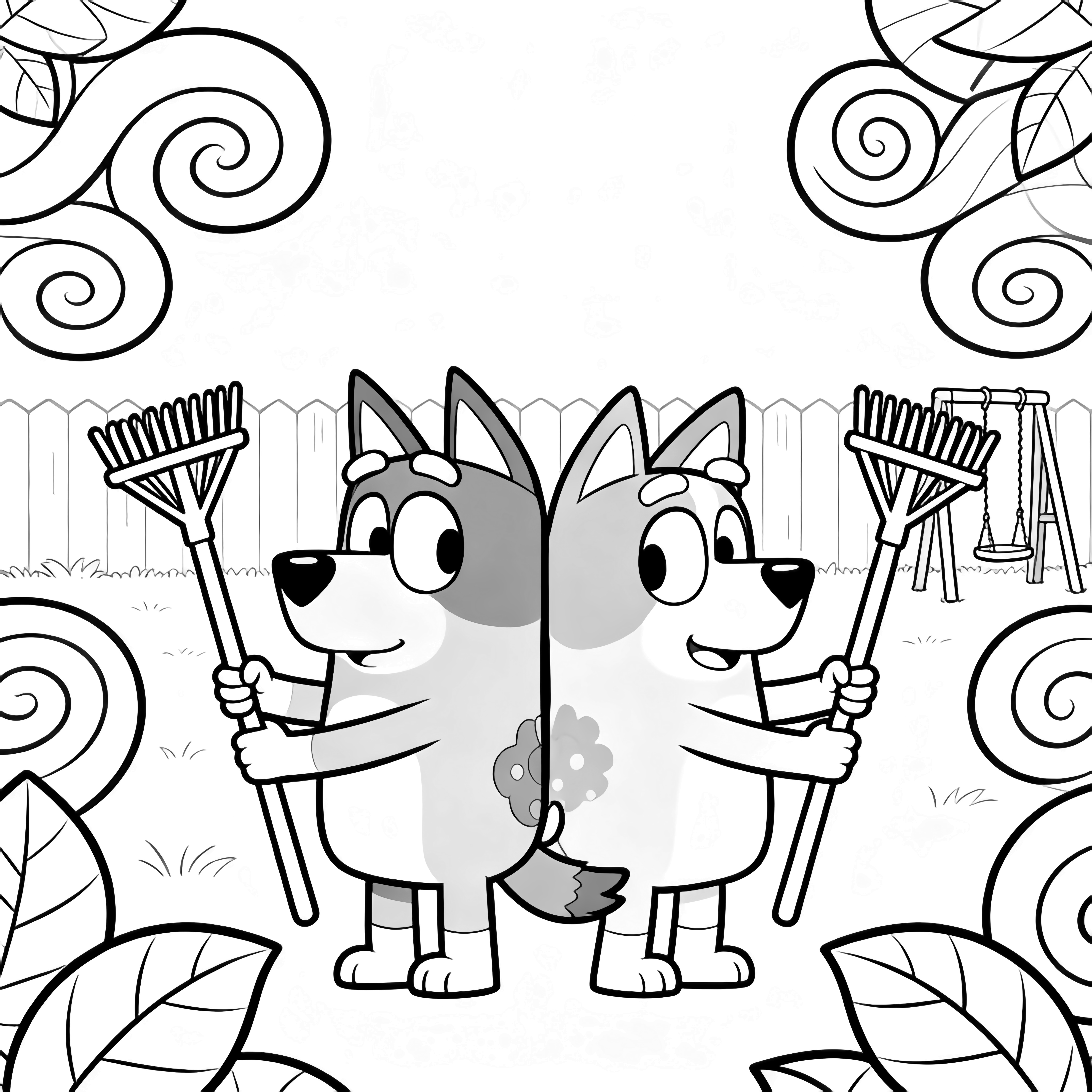 Bluey and Bingo stand back-to-back holding rakes, surrounded by swirling leaves, a low fence, and a distant swing set. kleurplaat