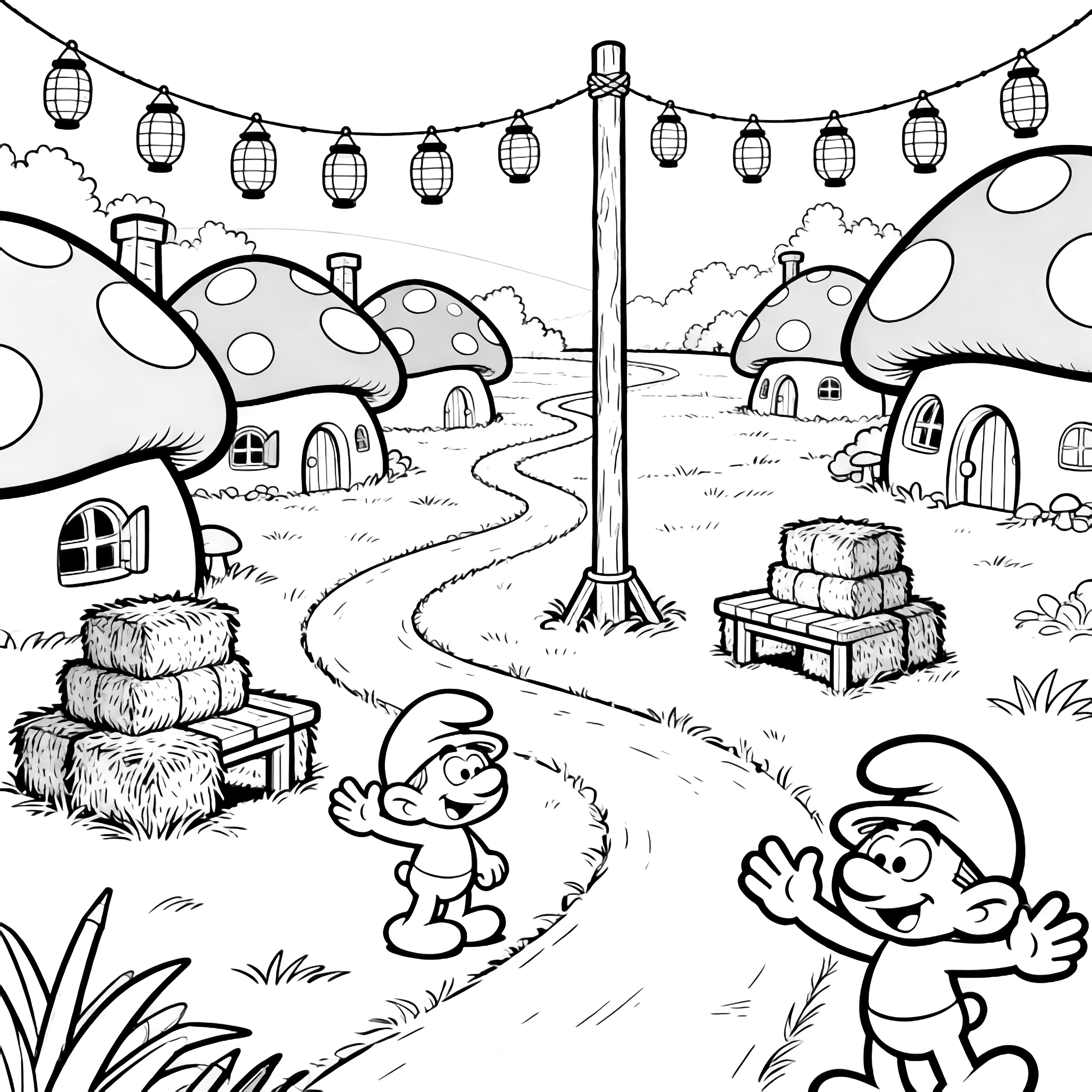 Mushroom houses line a winding path; lanterns hang overhead, hay-bale seats surround a maypole, and cheerful Smurfs wave in open fields. kleurplaat