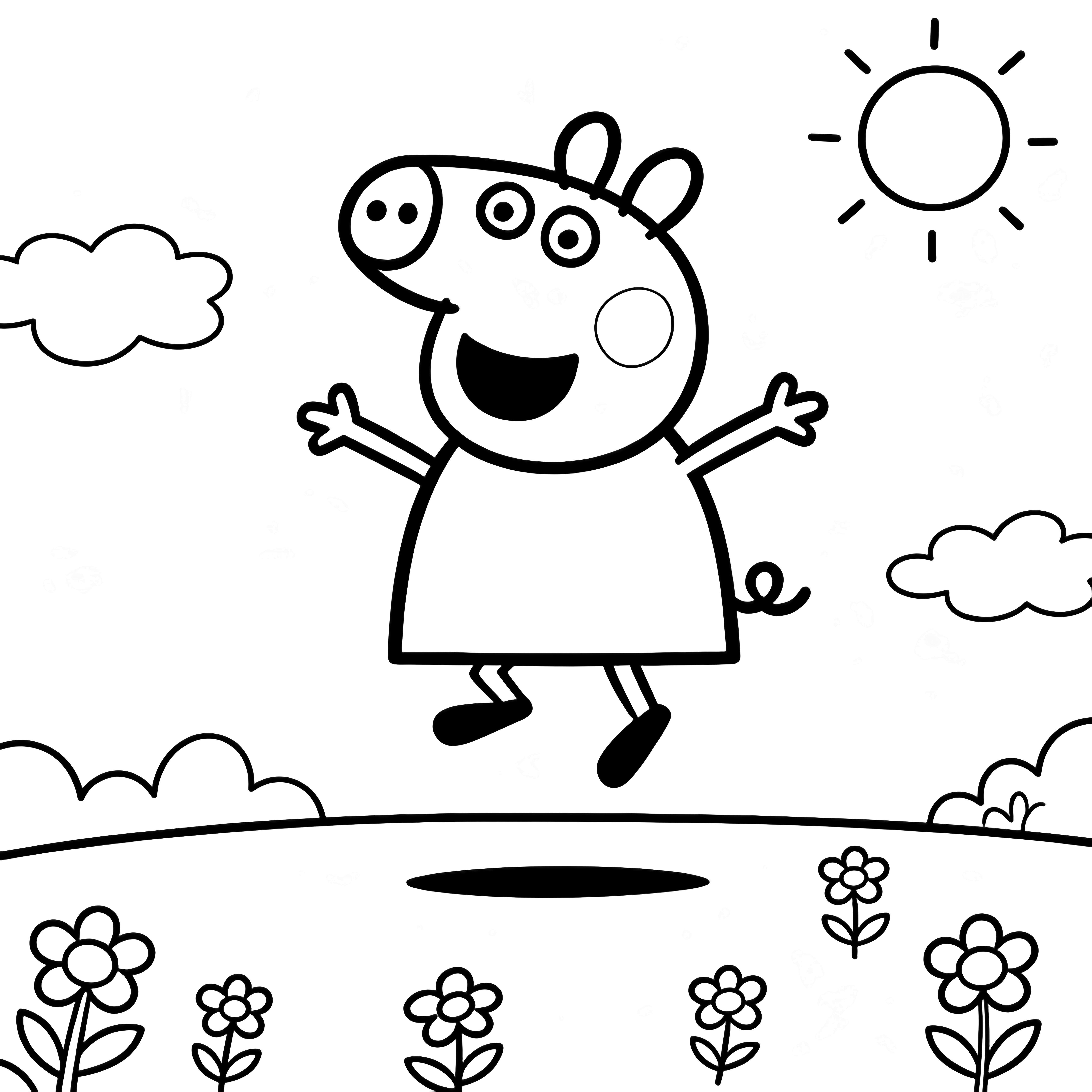 Peppa Pig midden in de sprong, armen wijd open, zon achter de wolken, eenvoudige horizon, verspreide bloemen. kleurplaat